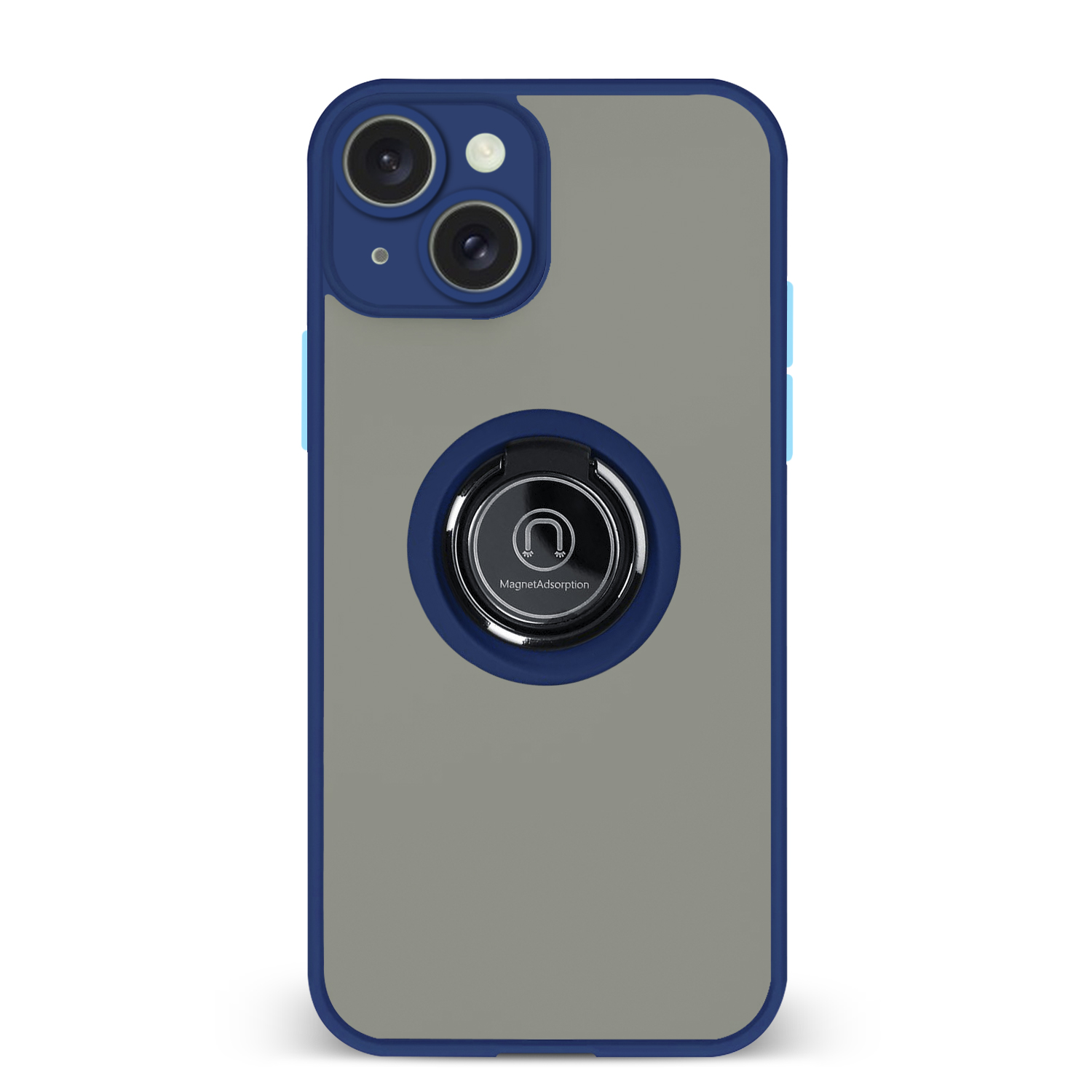Custodia per telefono blu, grigia e nera con supporto ad anello magnetico. La custodia ha un ritaglio per la fotocamera.