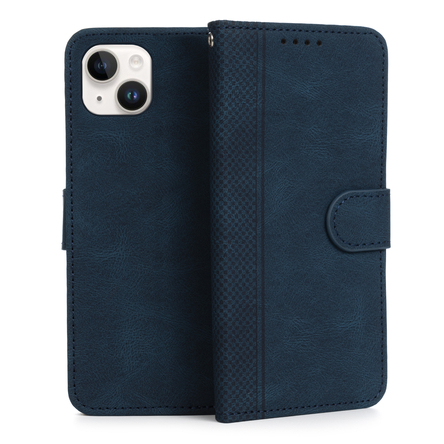 Custodia per telefono blu scuro, aperta per rivelare un telefono. Strutturata, con chiusura magnetica.
