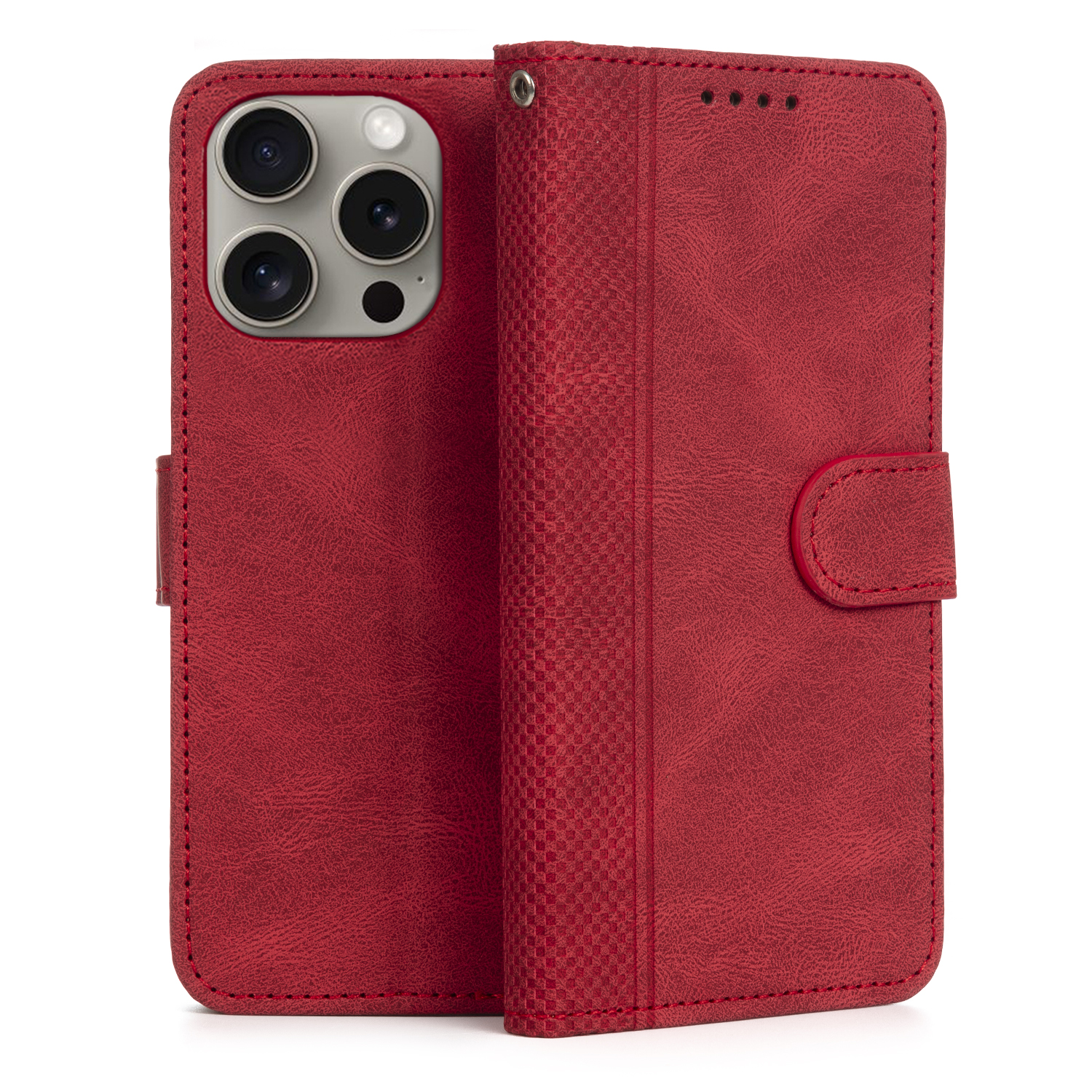 Custodia per telefono rossa, aperta, che rivela la fotocamera del telefono, con cuciture rosse e chiusura magnetica.
