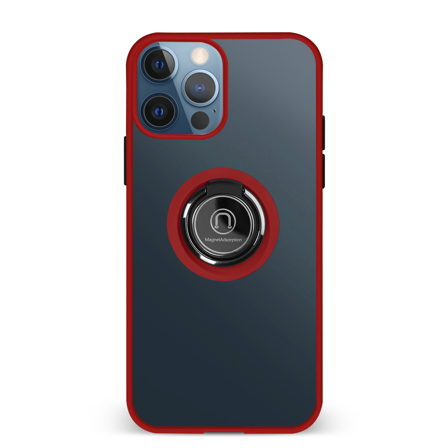 Custodia del telefono con cornice rossa e anello di supporto. Retro blu-nero.