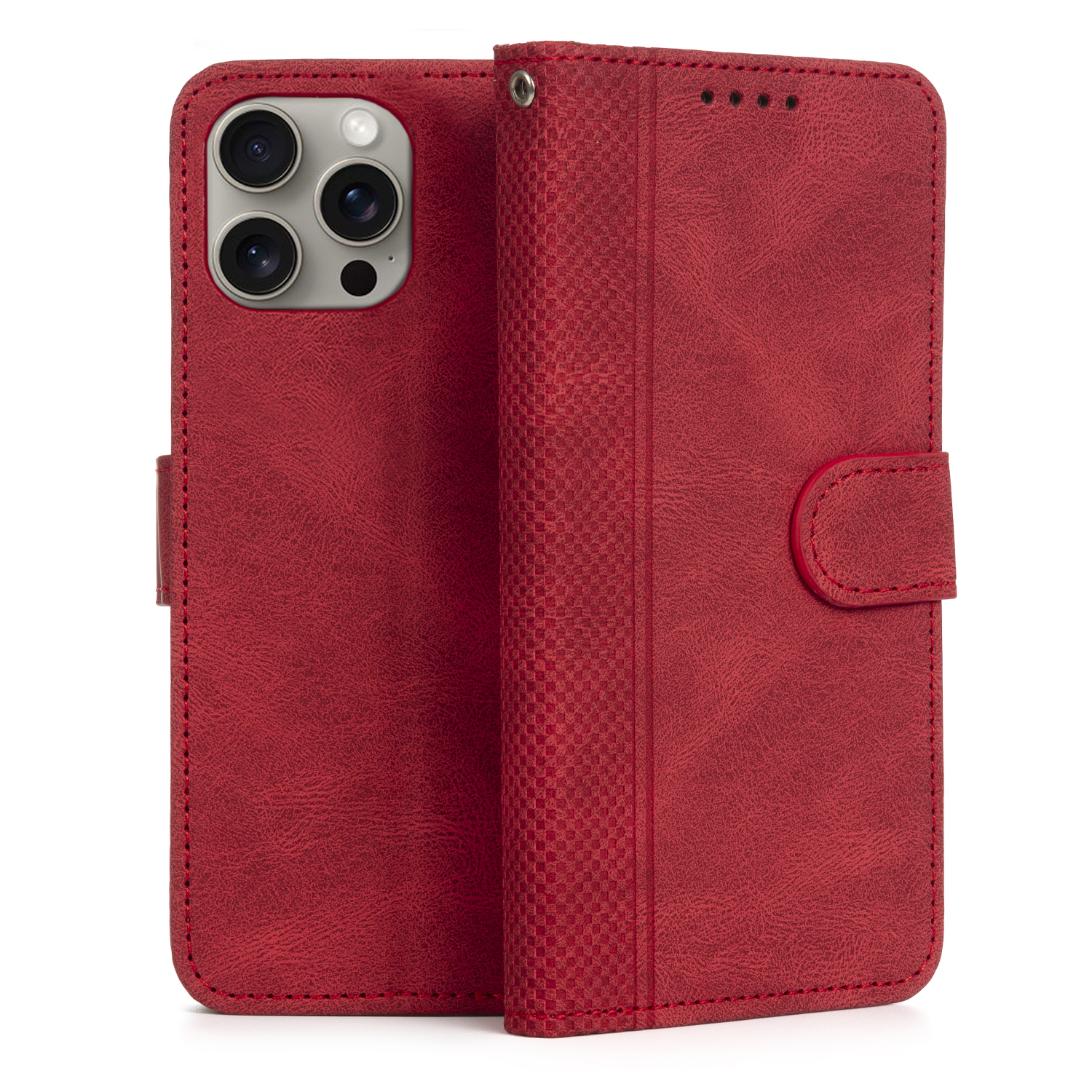 Una custodia rossa per telefono con design a portafoglio, aperta, mostrando l'interno.