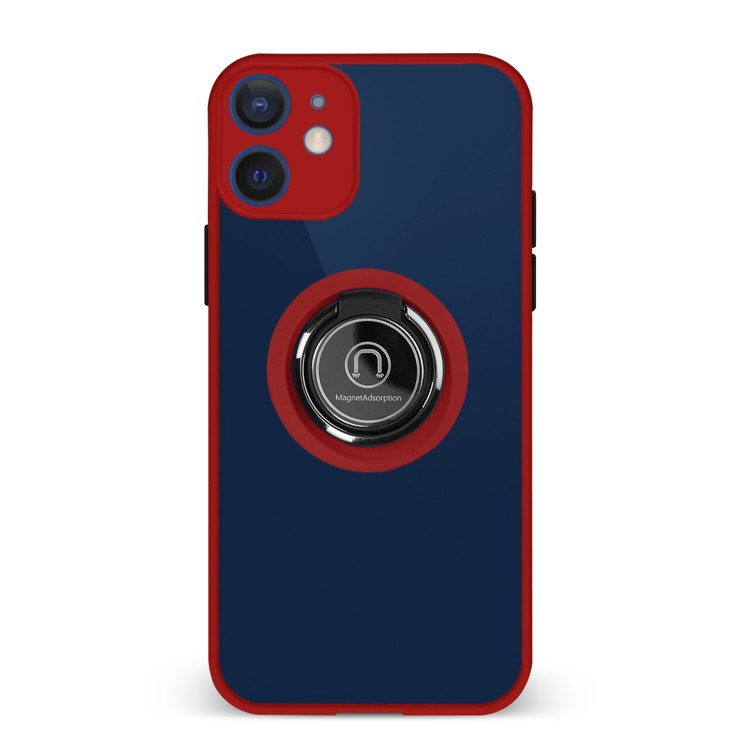 Custodia per telefono rossa e blu con un anello al centro.