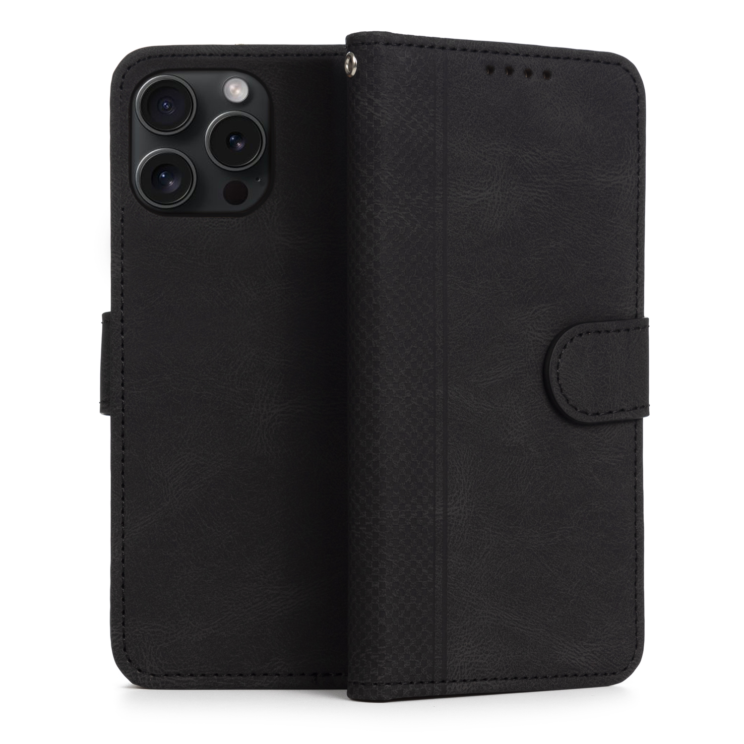 Custodia per iPhone nera con design a portafoglio, su sfondo bianco.