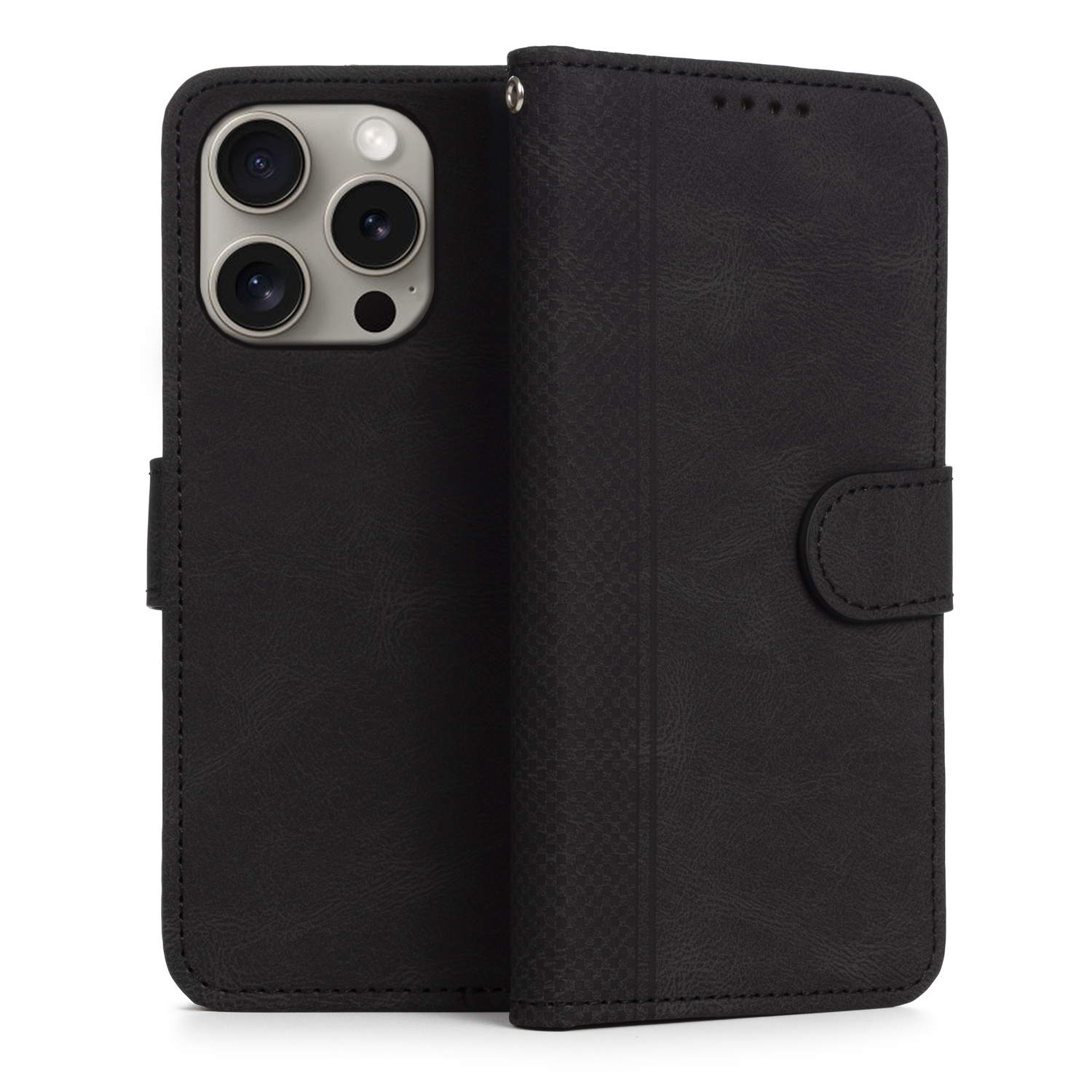 Una custodia per telefono in pelle nera aperta. Ha la forma di un telefono da un lato e un portafoglio dall'altro. Bianco.