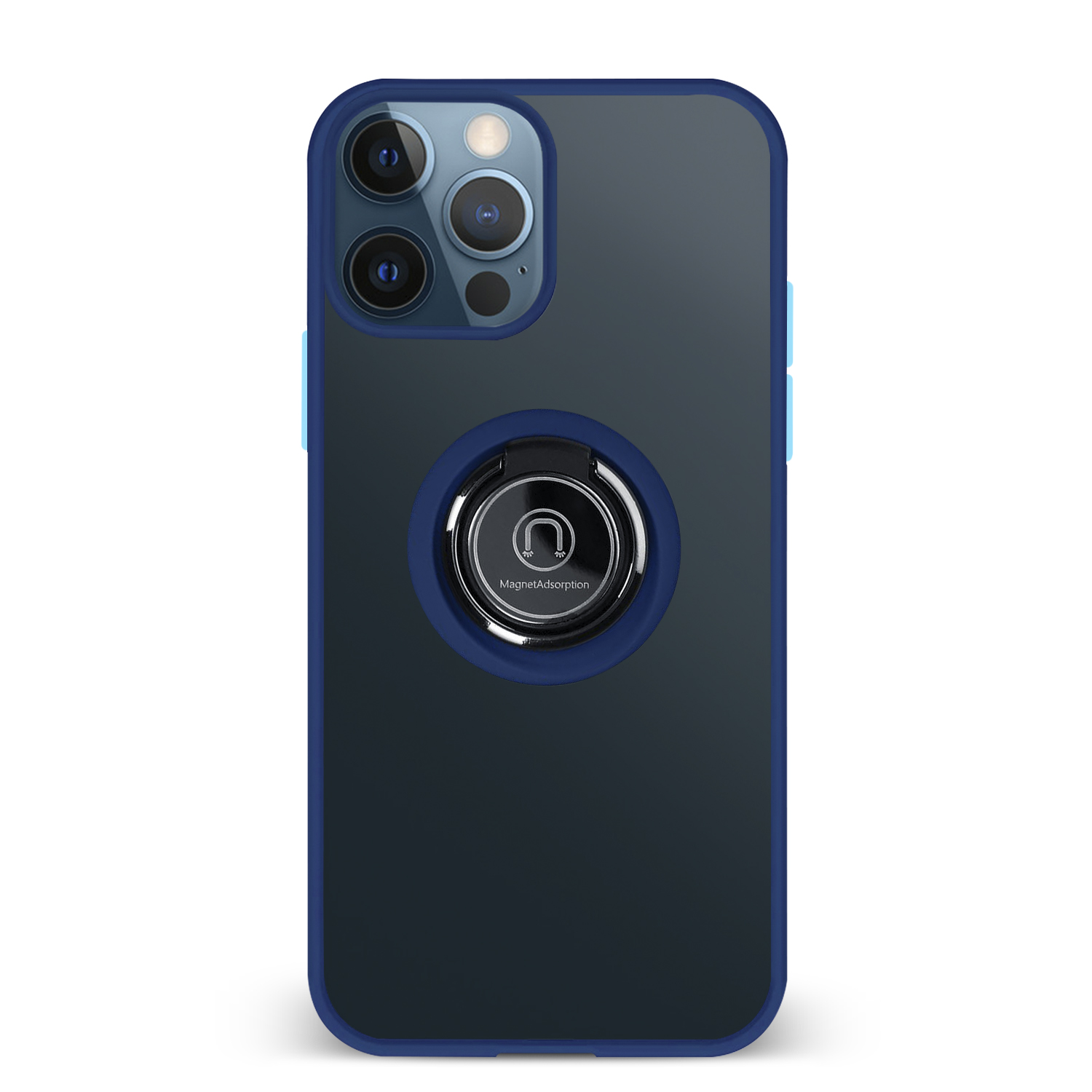 Custodia blu per telefono con lenti della fotocamera e anello nero. Cornice blu e retro grigio scuro.