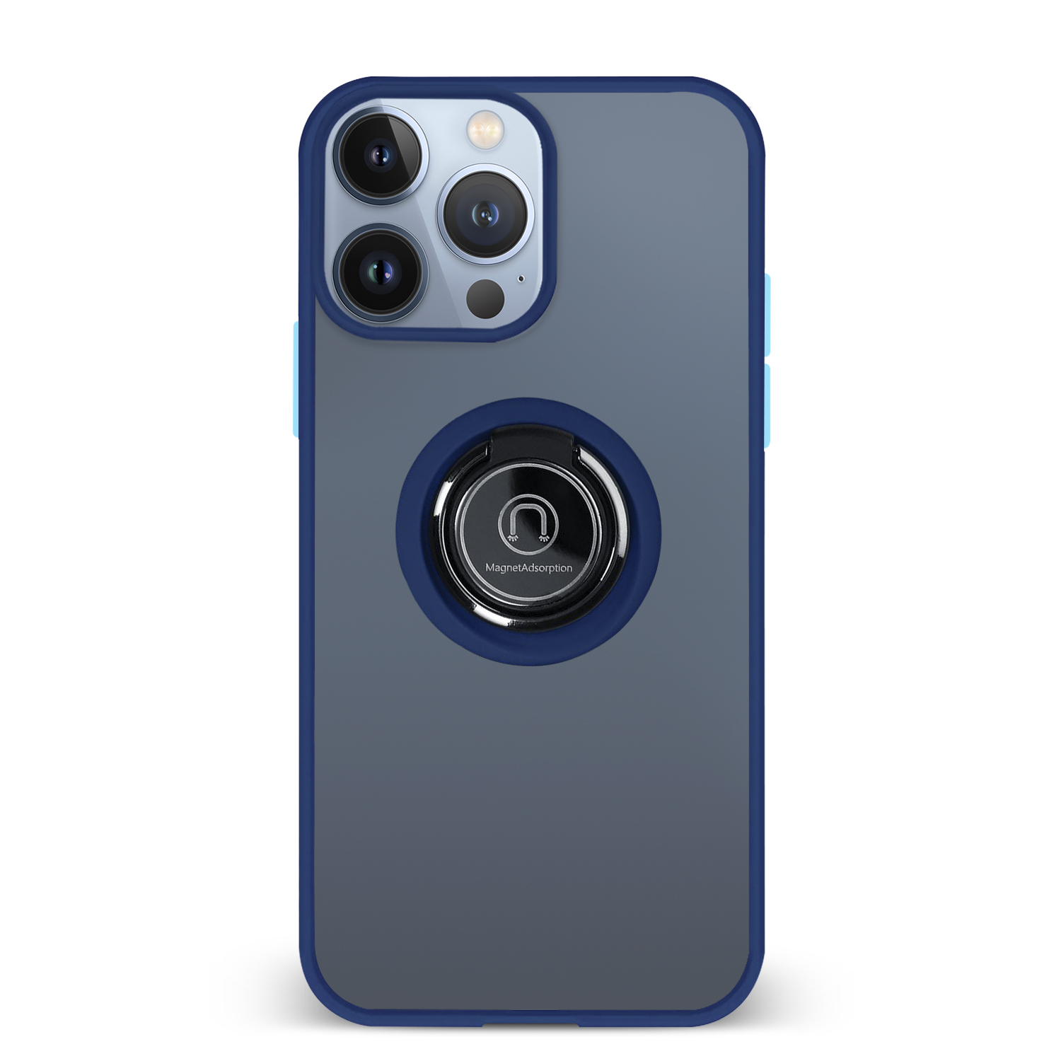 Custodia per telefono con design blu e grigio e supporto ad anello.