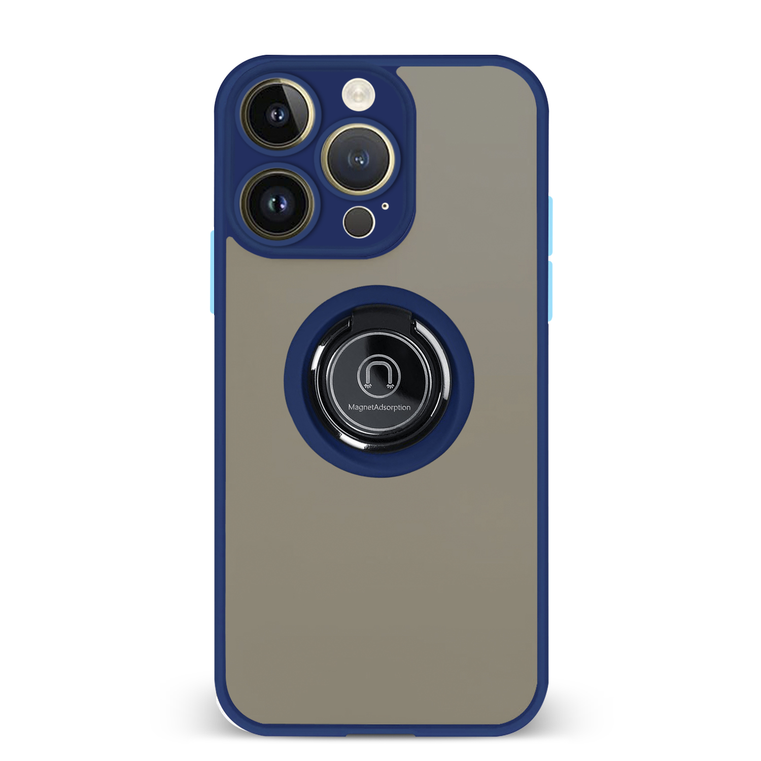 Una custodia per telefono grigia e blu, con un supporto ad anello al centro e un array di lenti della fotocamera.