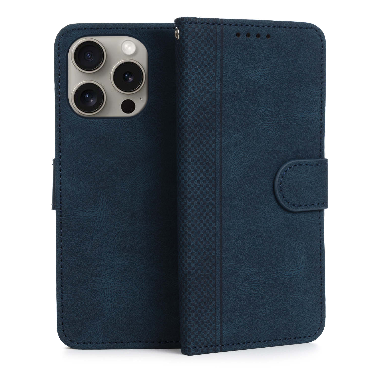 Una custodia per telefono in pelle blu con un ritaglio per tre fotocamere, aperta.