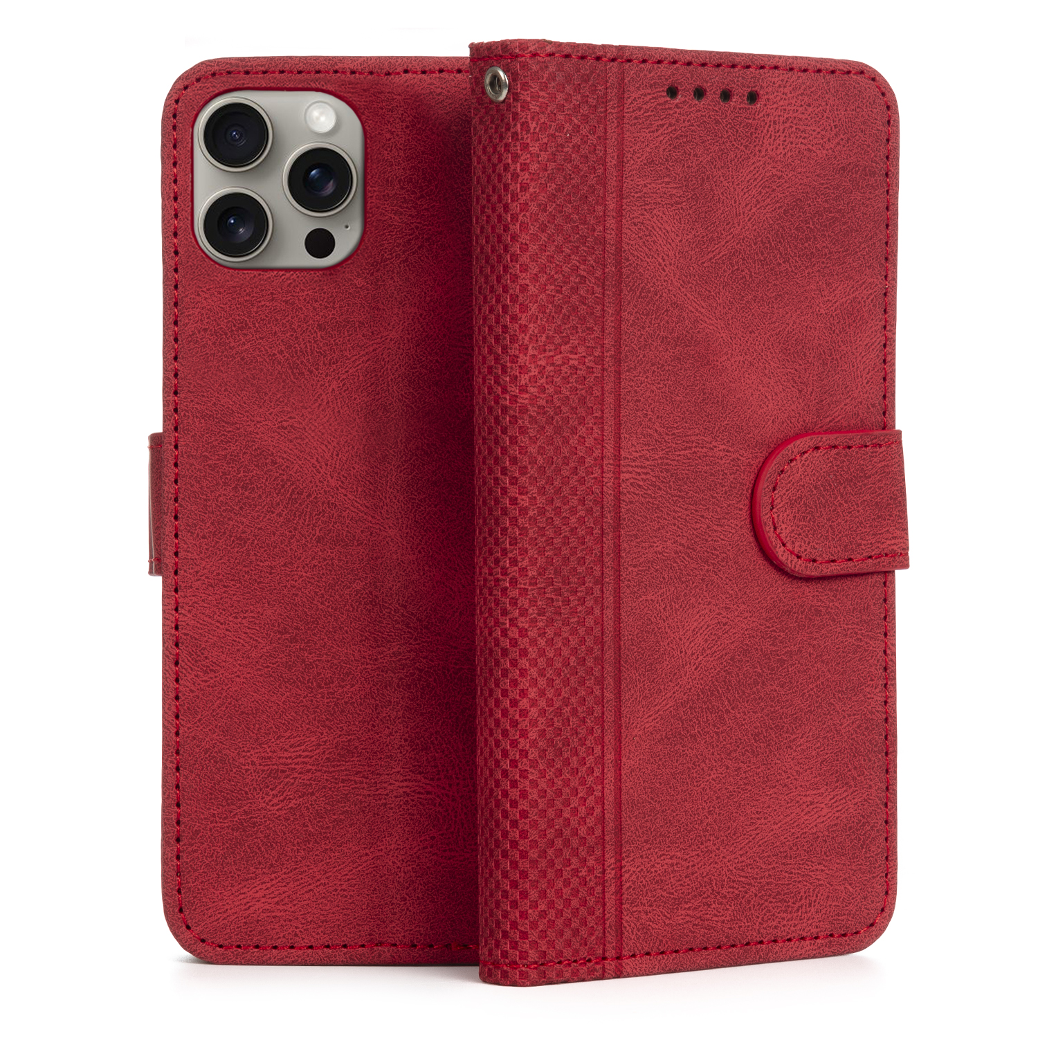 Custodia per telefono in pelle rossa con motivo strutturato, aperta per mostrare un telefono.