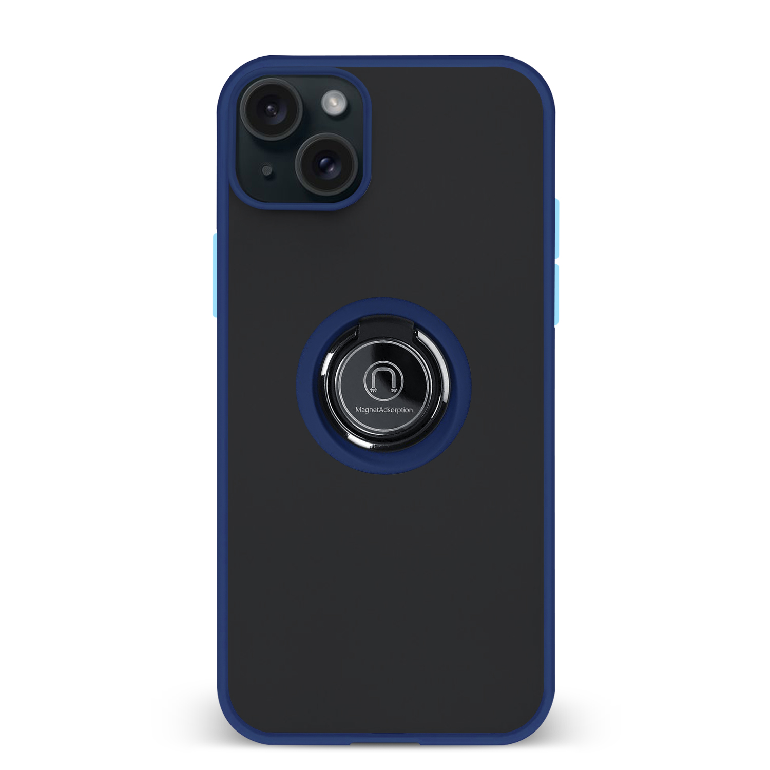 Custodia nera per telefono con cornice e supporto ad anello blu. Il telefono ha più lenti.