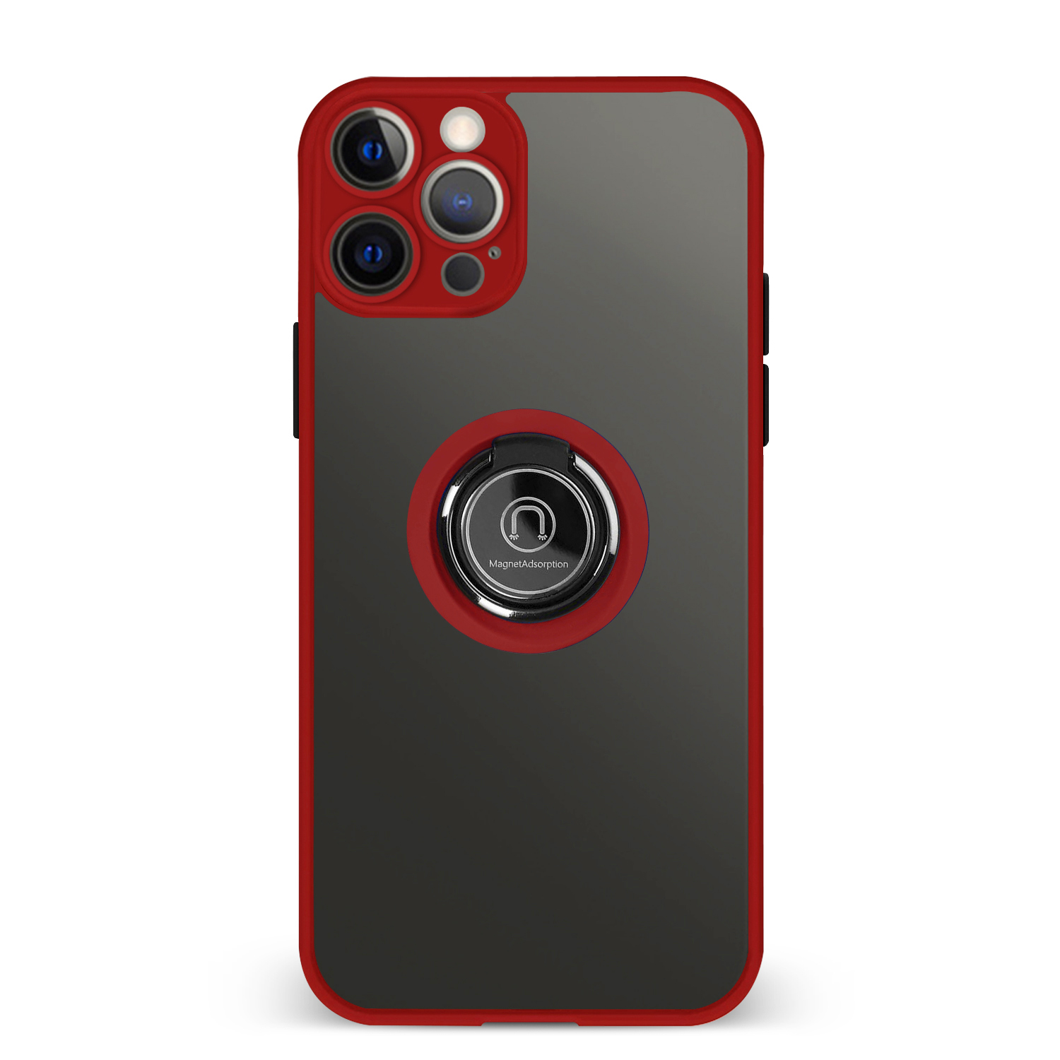 Custodia per telefono con cornice rossa e retro nero con supporto ad anello. La custodia è trasparente.
