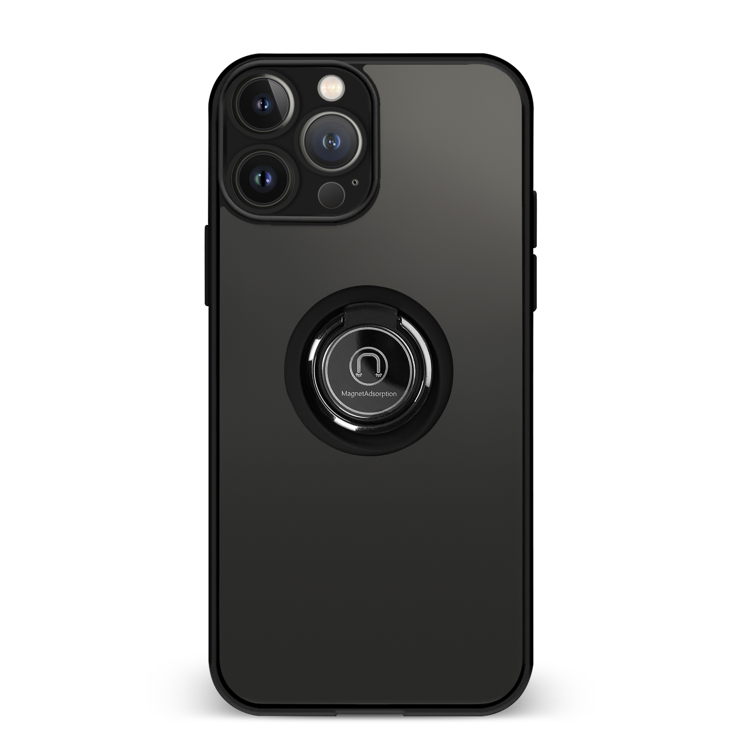 Custodia per telefono nera con supporto ad anello, tre fotocamere e retro nero.
