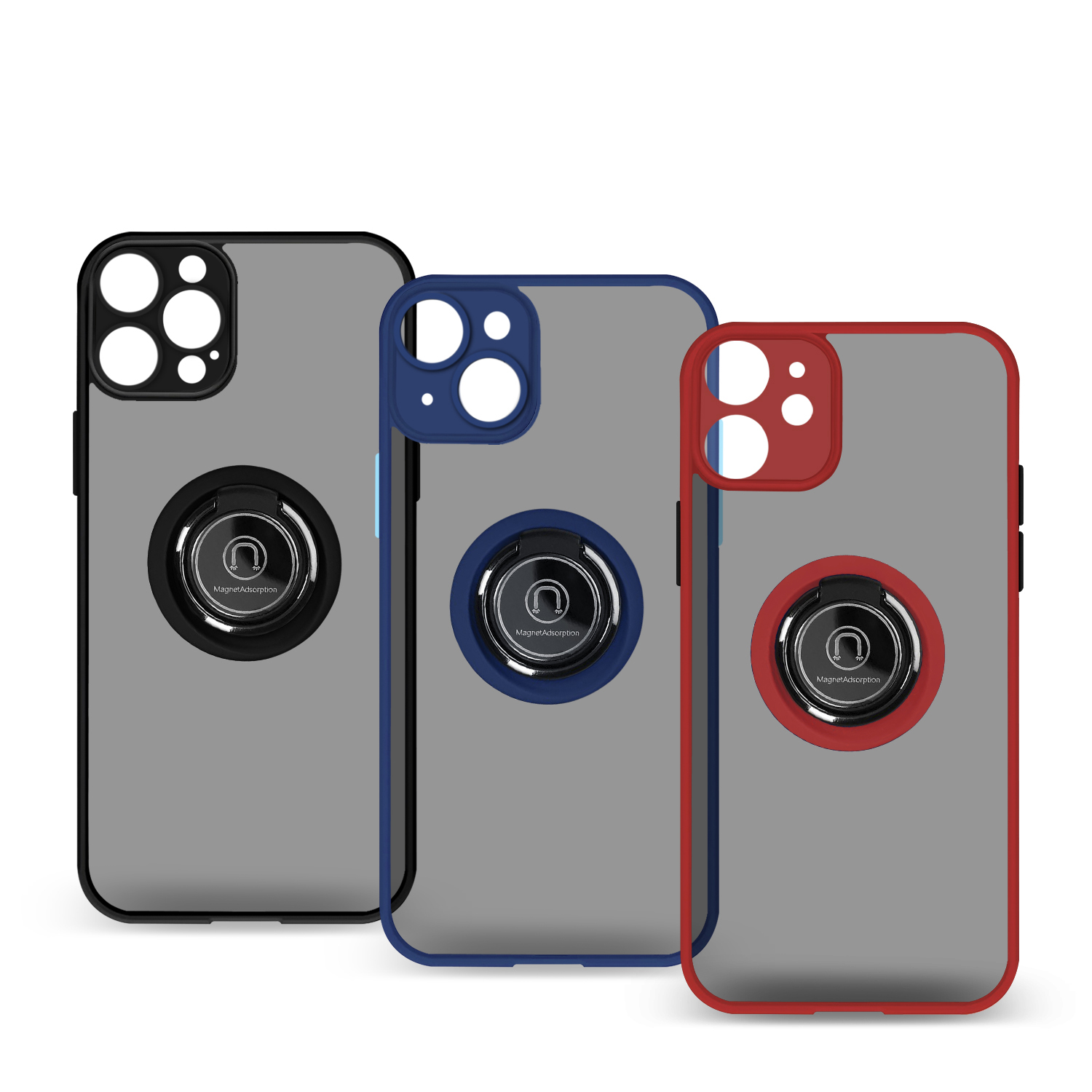 Tre custodie per telefono con anelli. Colori: nero, blu e rosso. Retro grigio.