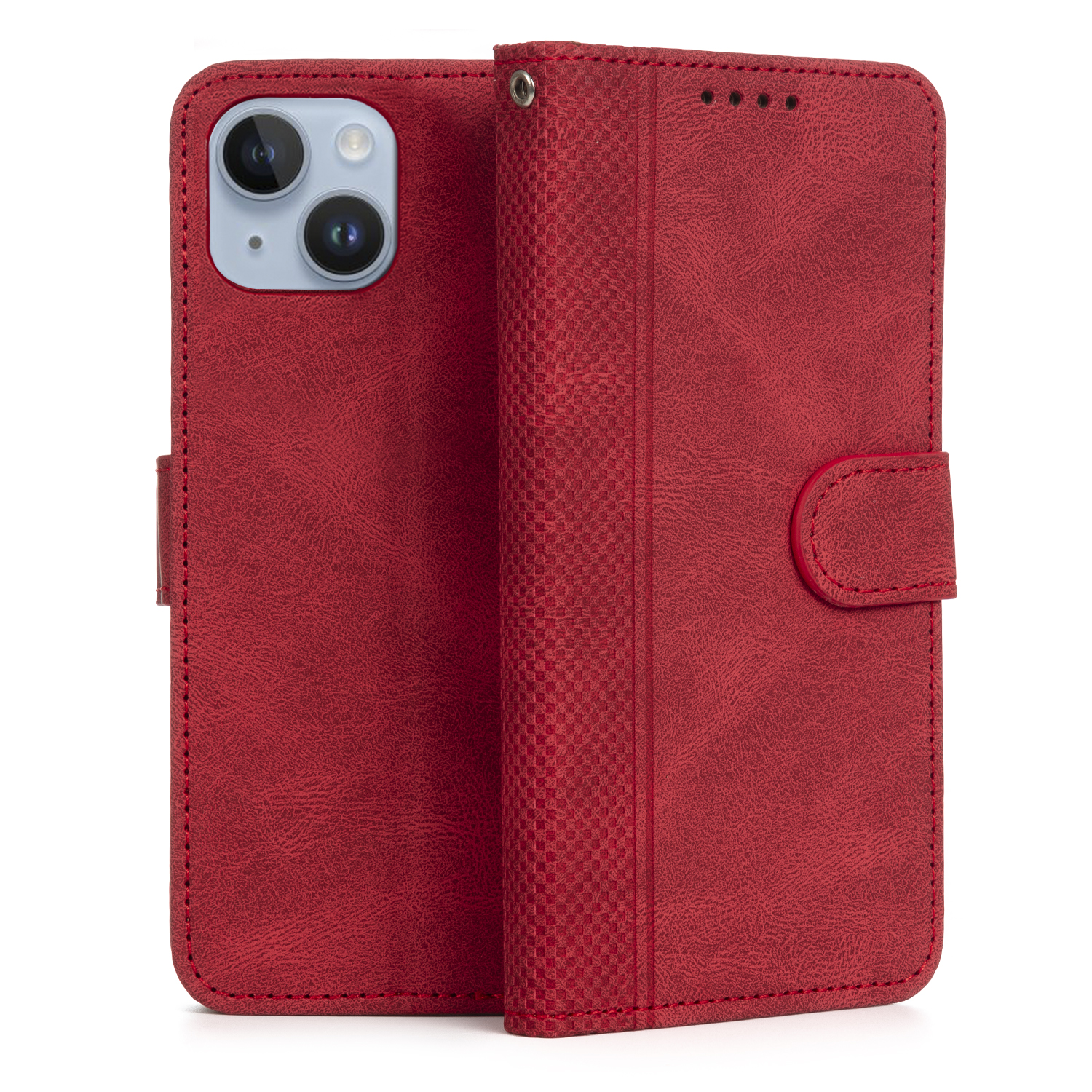 Custodia per telefono rossa, aperta, con un telefono all'interno. Presenta una chiusura magnetica e un design intrecciato all'interno.
