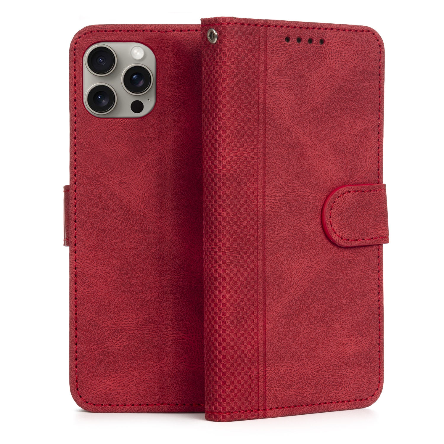 Custodia per telefono rossa con finitura strutturata e obiettivi multipli della fotocamera.