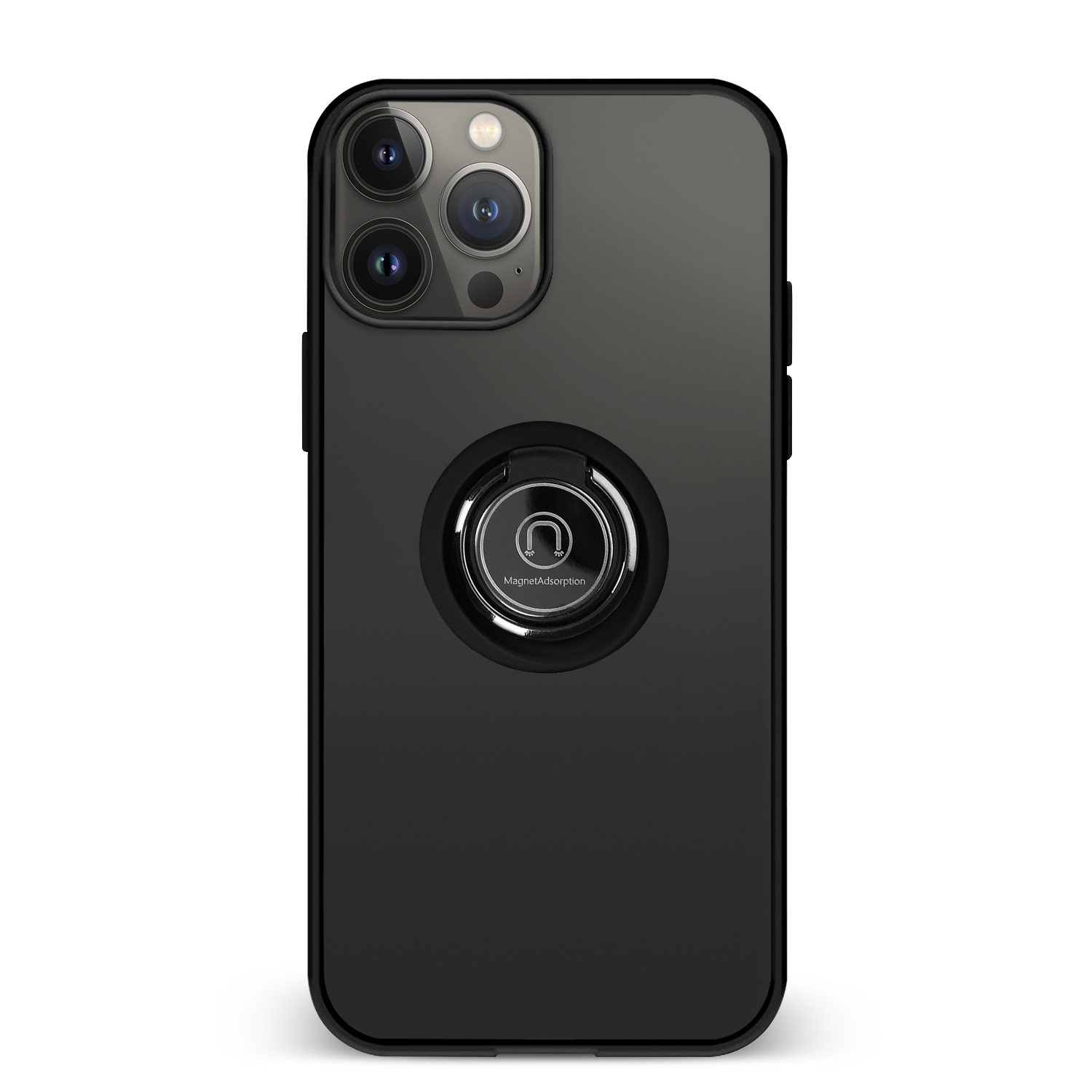 Custodia per telefono nera con tre obiettivi della fotocamera e un anello circolare sul retro.