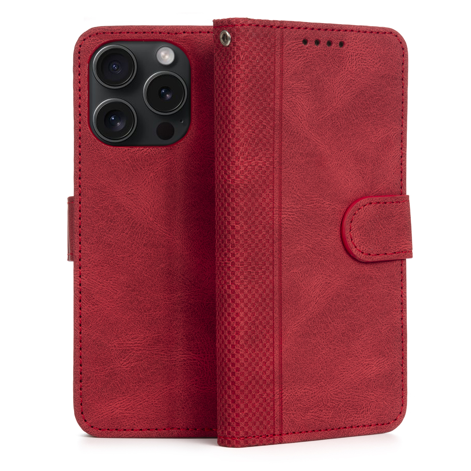 Una custodia per telefono in pelle rossa aperta, con tre ritagli per la fotocamera, su sfondo bianco.
