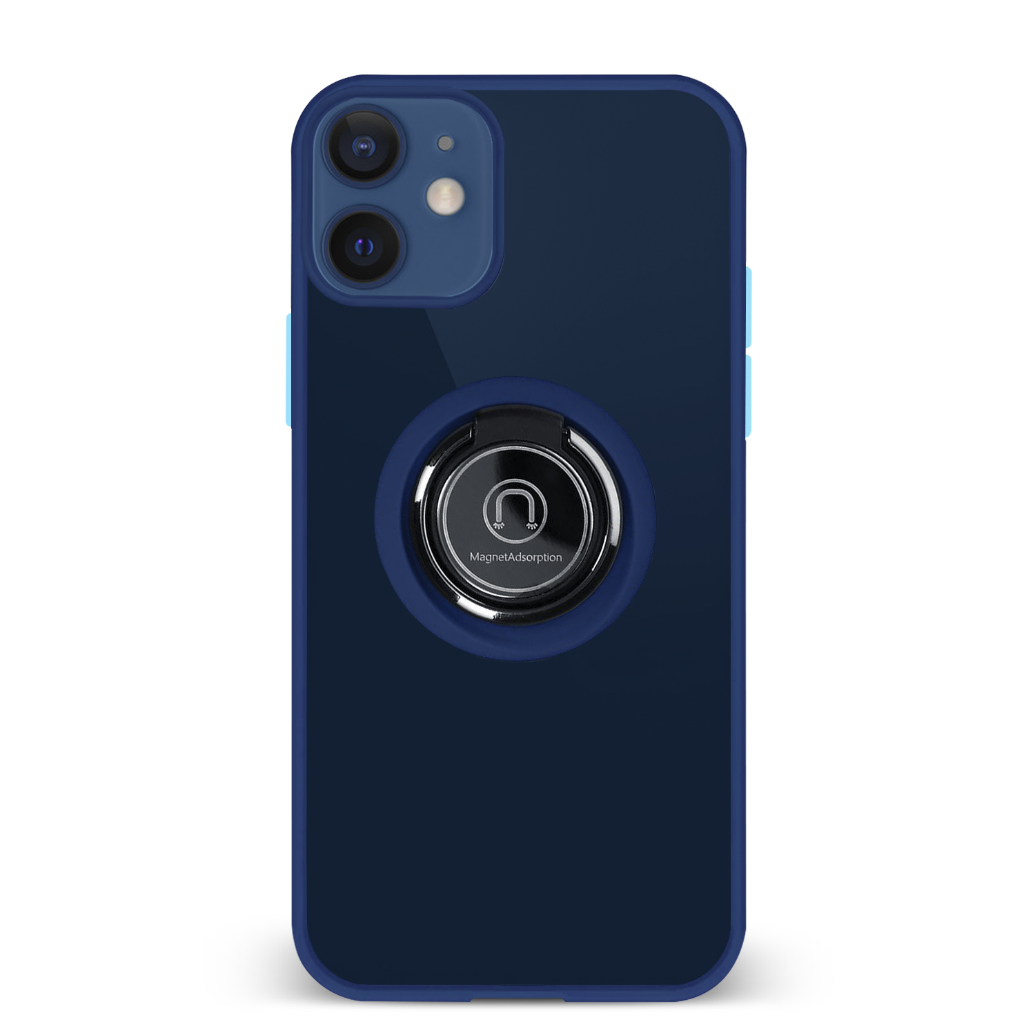 Custodia per telefono blu scuro con supporto ad anello e cerchio nero.