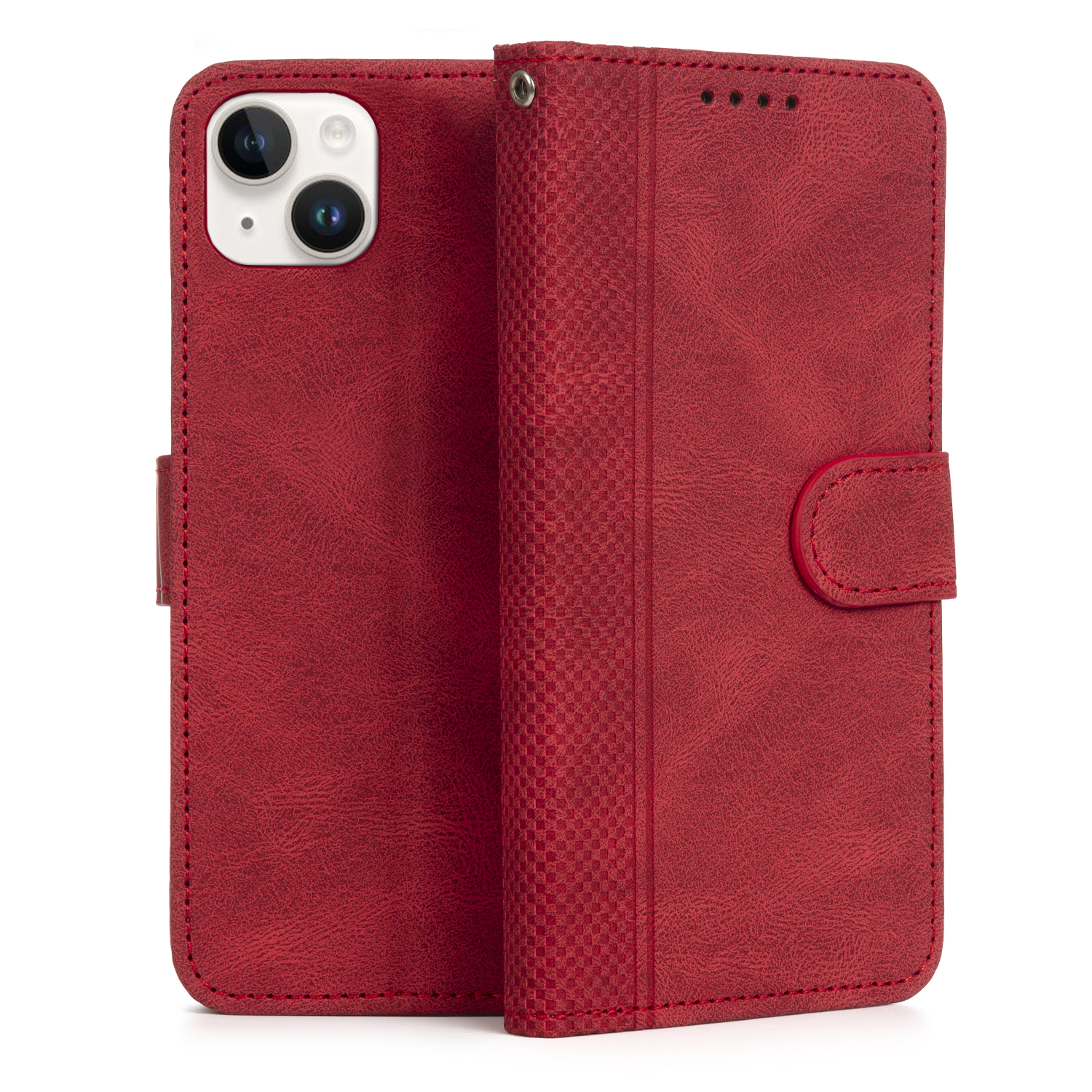 Una custodia rossa per telefono con design a portafoglio, aperta, mostrando l'interno.