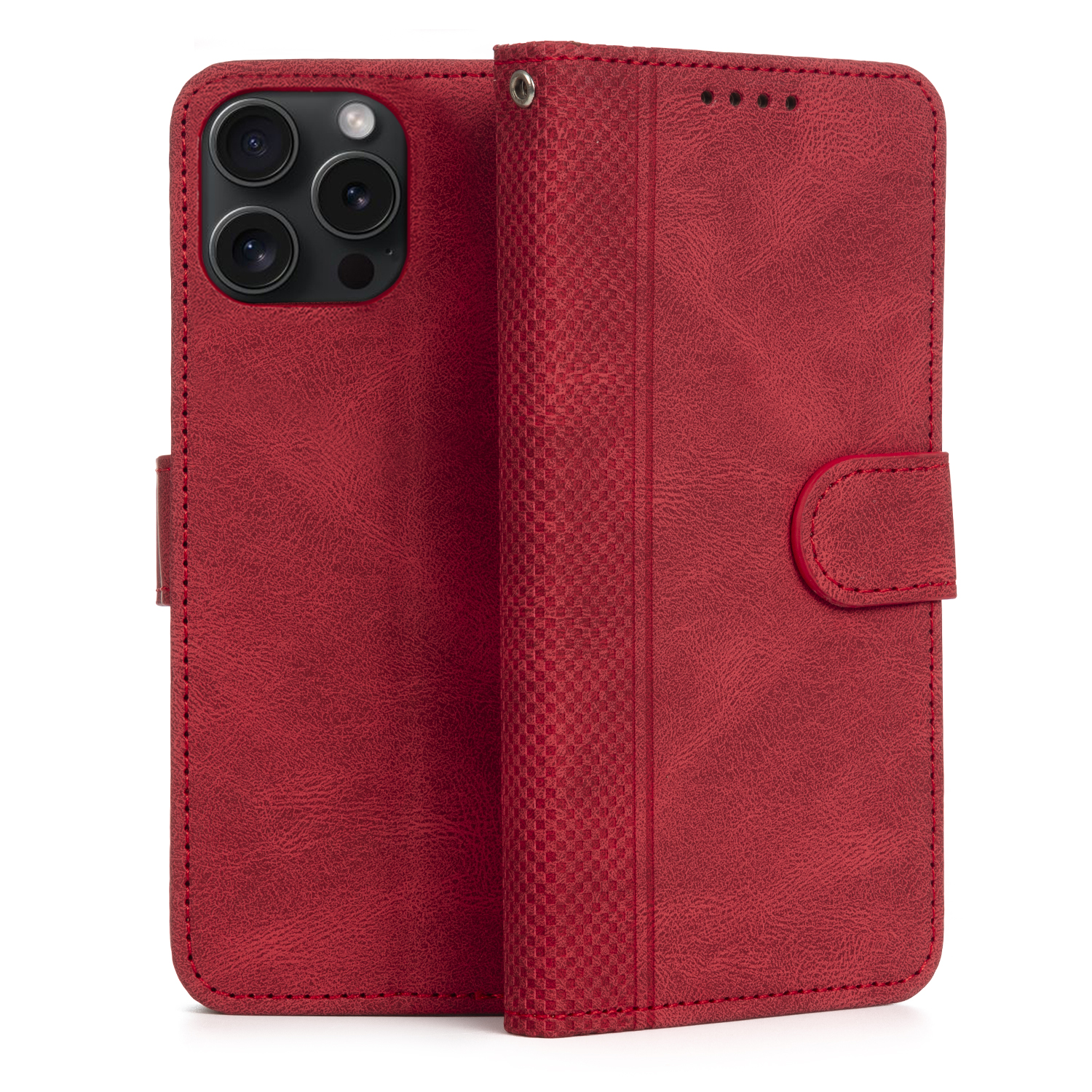 Custodia per telefono rossa, aperta per rivelare il telefono. Ha una chiusura magnetica.