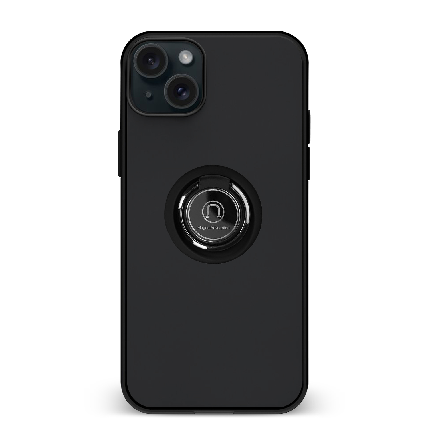 Custodia nera per telefono con supporto ad anello e la scritta Magnet Adsorption.
