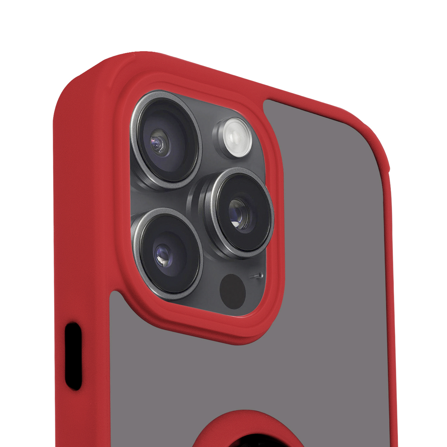 Una custodia rossa con un modulo fotocamera. Il telefono ha tre obiettivi.