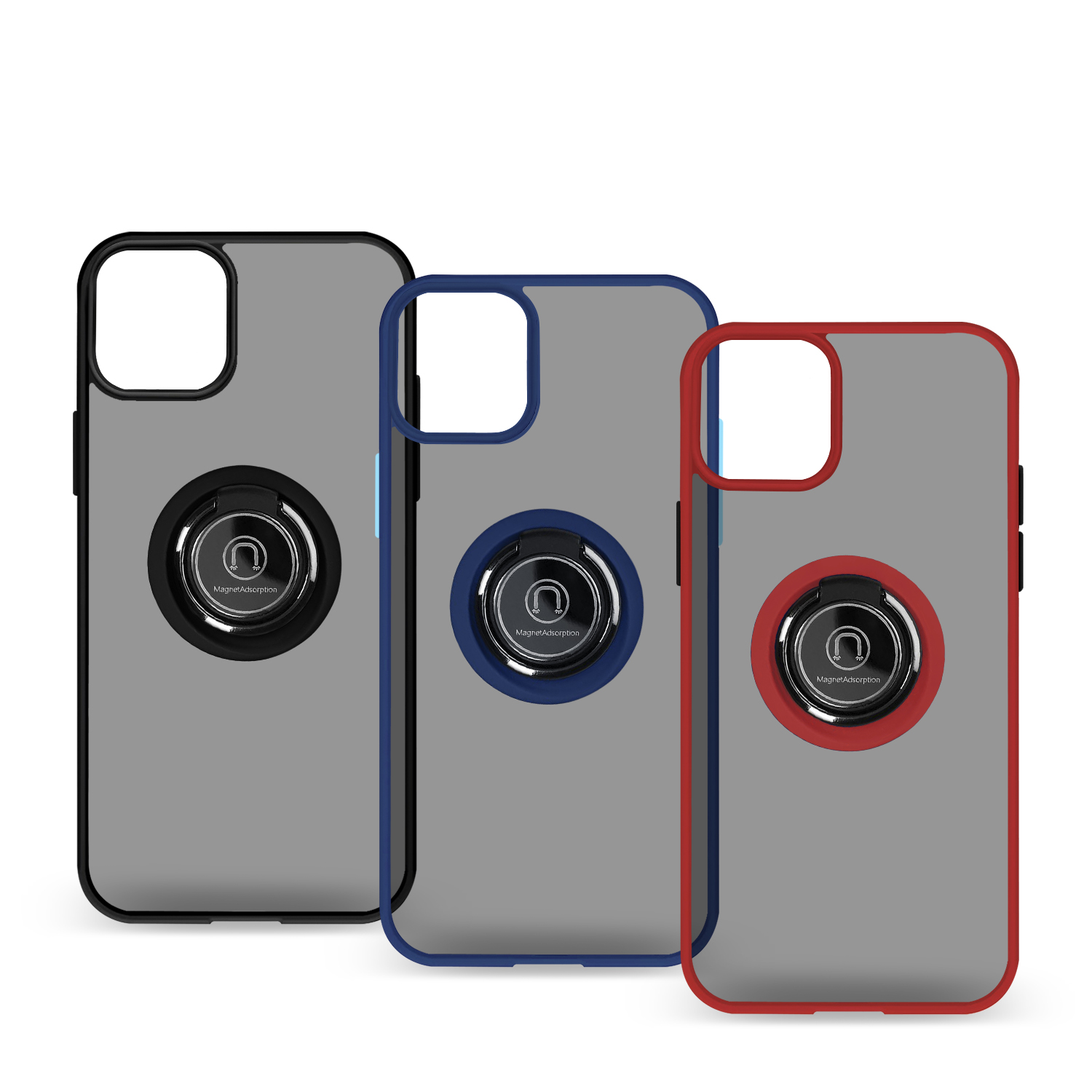 Tre custodie per telefono grigie, blu e rosse con supporti ad anello.