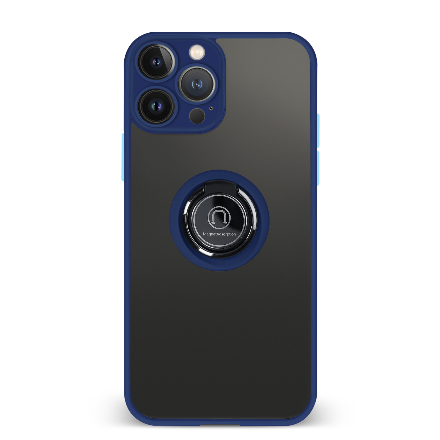 Una custodia per telefono blu con un supporto ad anello. La parte posteriore è grigia e i lati sono blu.