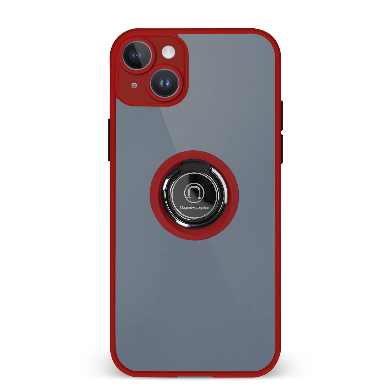 Una custodia per telefono con cornice rossa, doppia fotocamera e un anello argentato con la scritta MagnetAdsorption.