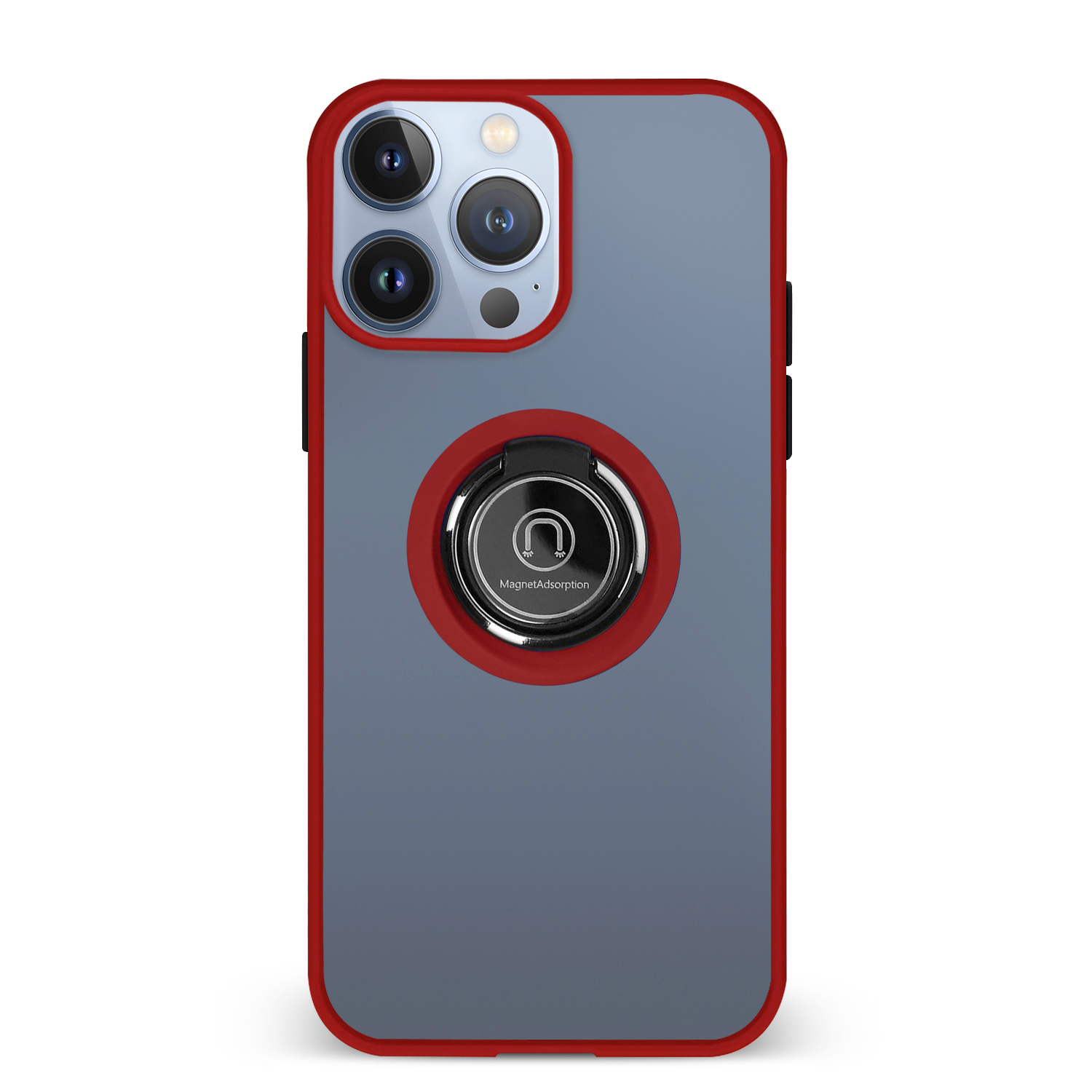 Una custodia per telefono con bordo rosso, con retro grigio e un supporto ad anello, che copre il telefono.