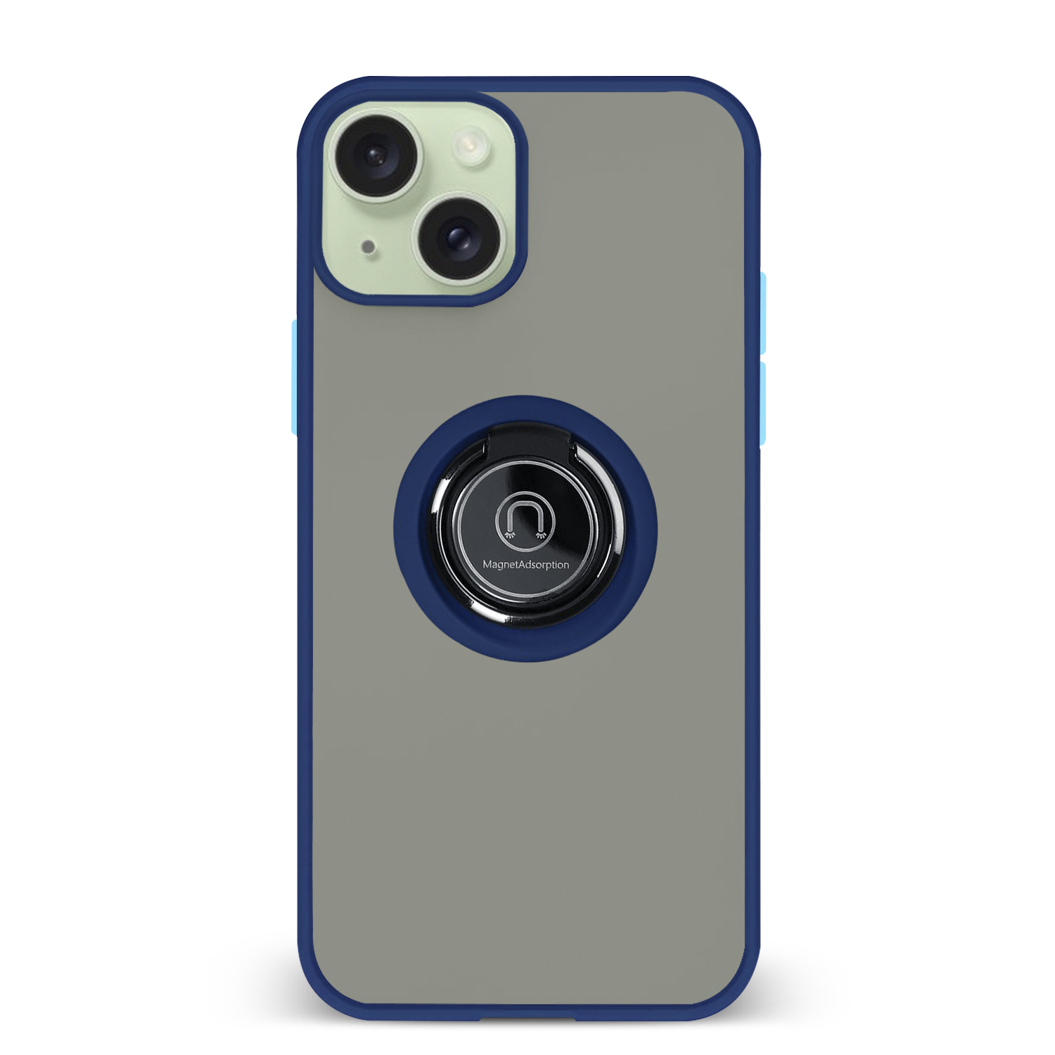 Custodia iPhone con bordo blu e anello. Il telefono ha due lenti.