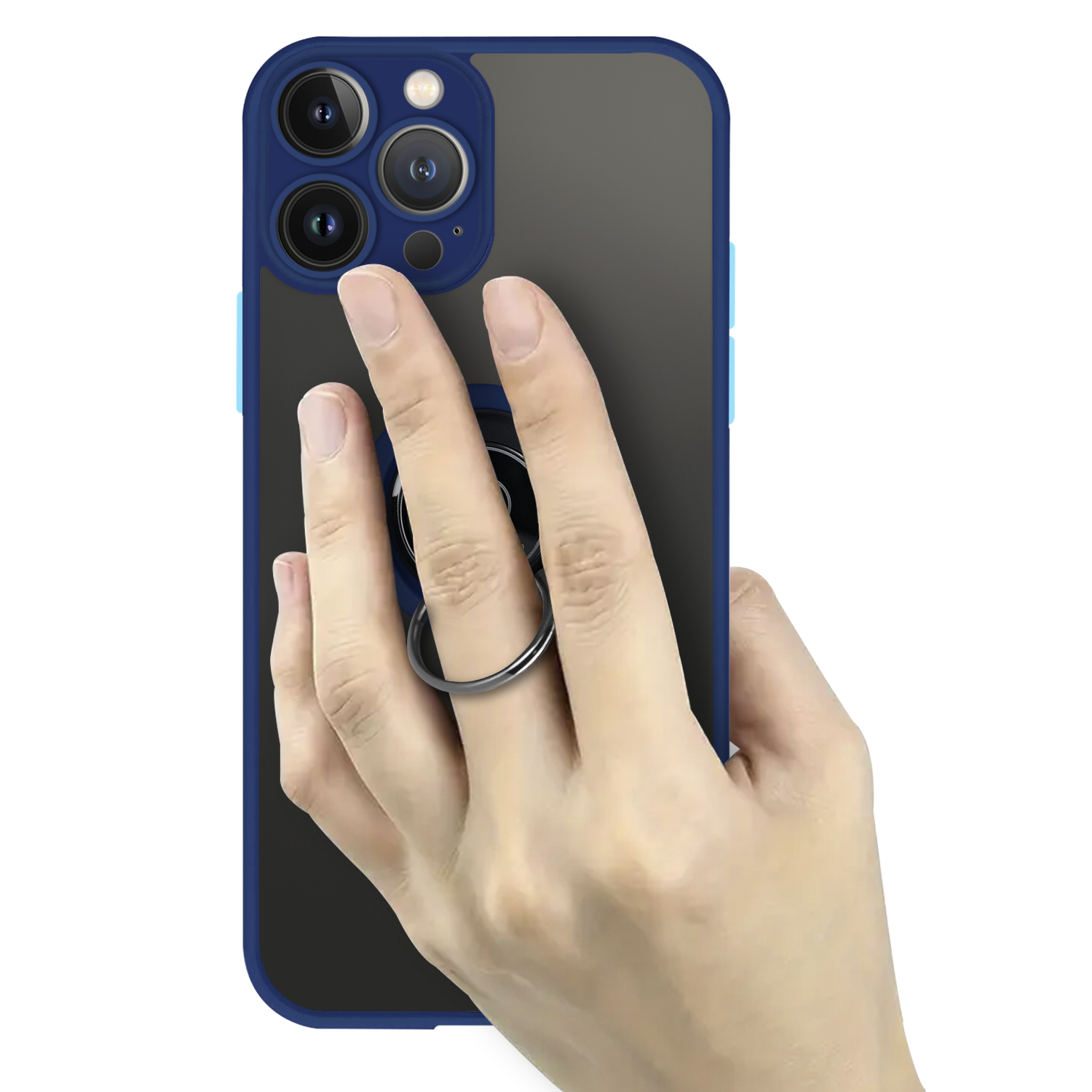 Mano che tiene un telefono con custodia blu. Dito nel supporto ad anello. Lenti, cornice blu, retro grigio scuro.
