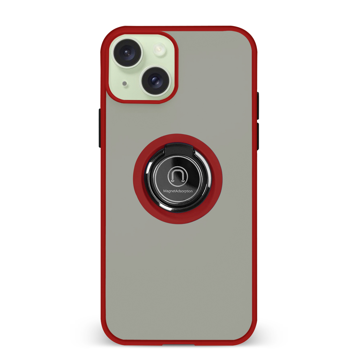 Custodia rossa per telefono con retro trasparente e supporto ad anello circolare al centro. Fotocamera visibile.