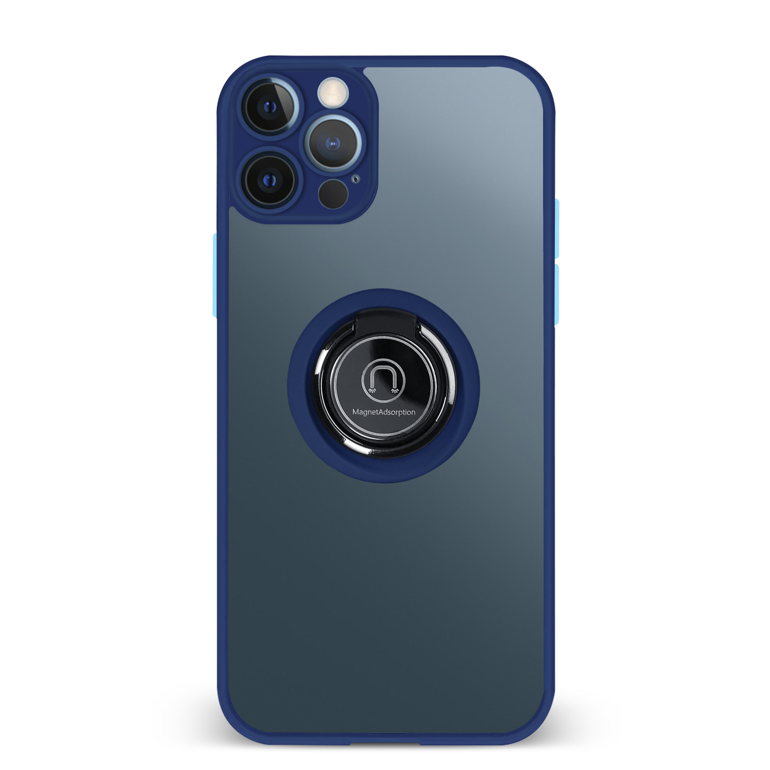 Una custodia per telefono con cornice blu e supporto ad anello.