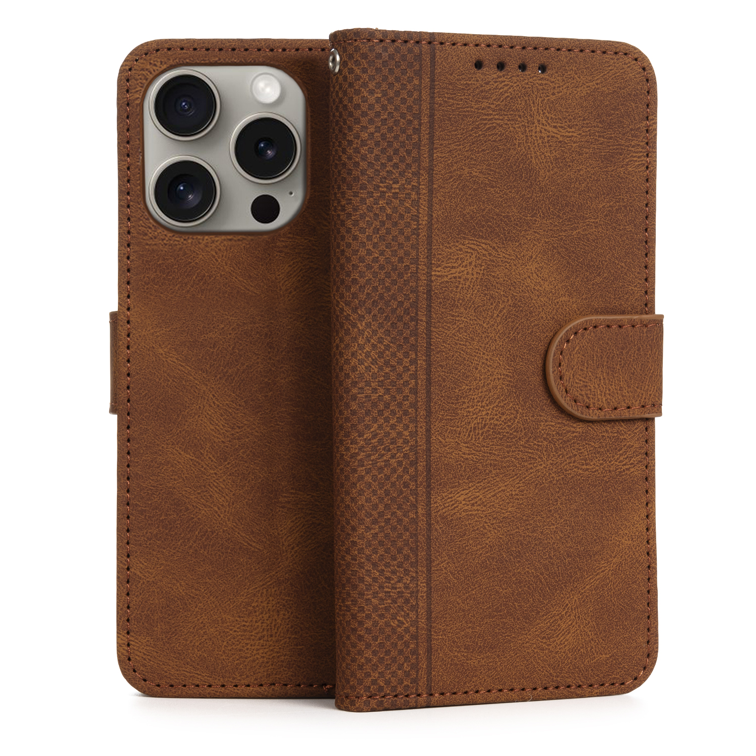 Custodia per telefono in pelle marrone, aperta. Obiettivi della fotocamera visibili. Chiusura magnetica e superficie strutturata.