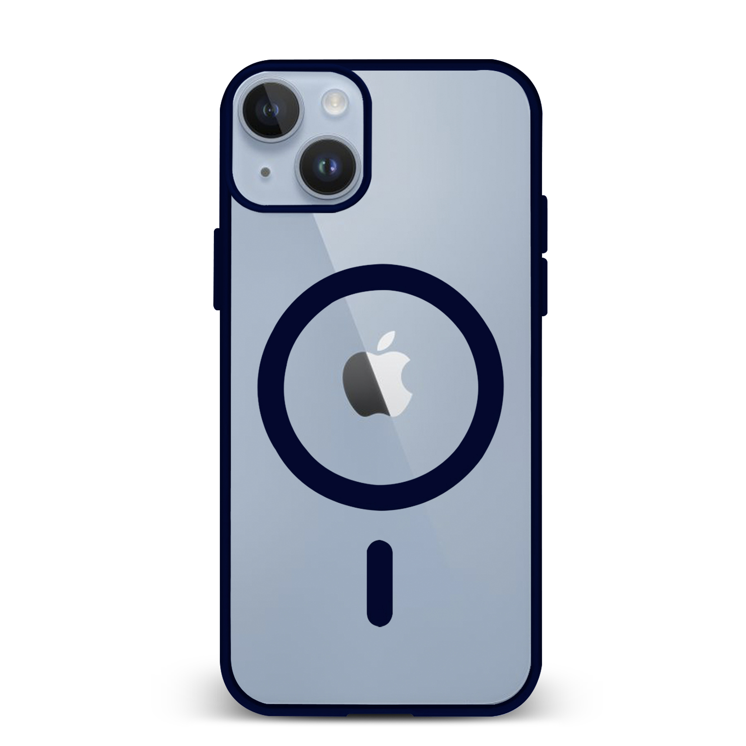 Una custodia per telefono azzurra con un bordo blu scuro. Il logo Apple è visibile.