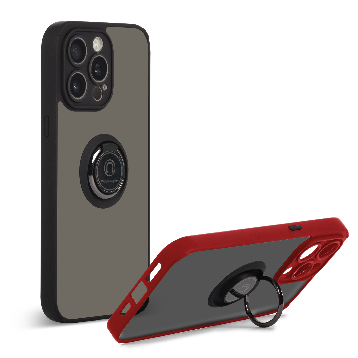Due custodie per telefono. Una è su una superficie bianca che mostra un anello, l'altra mostra il retro. La custodia ha un retro grigio.