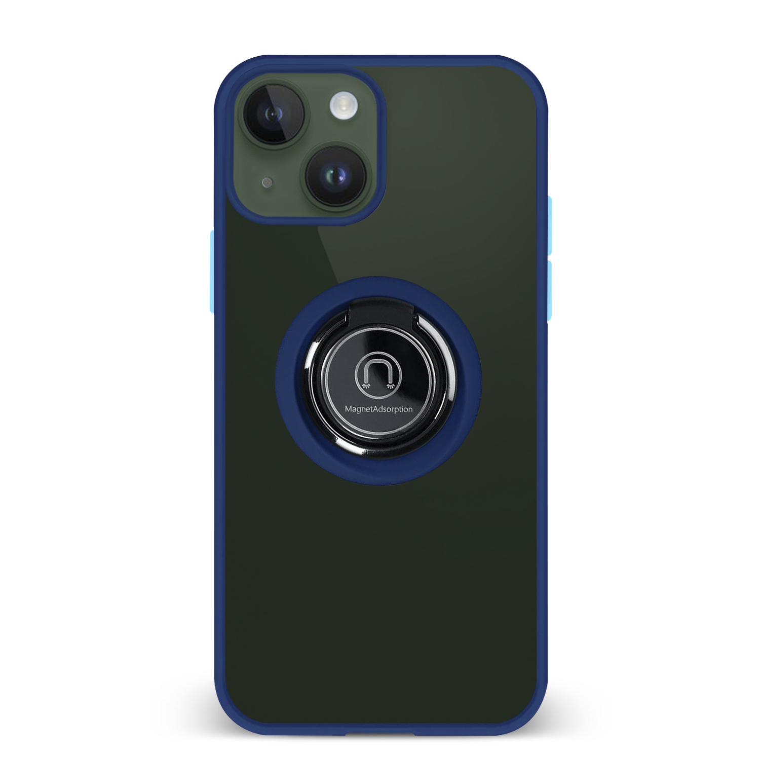 Una custodia per telefono con supporto ad anello magnetico. Colori: verde scuro, blu e nero. Su superficie bianca.