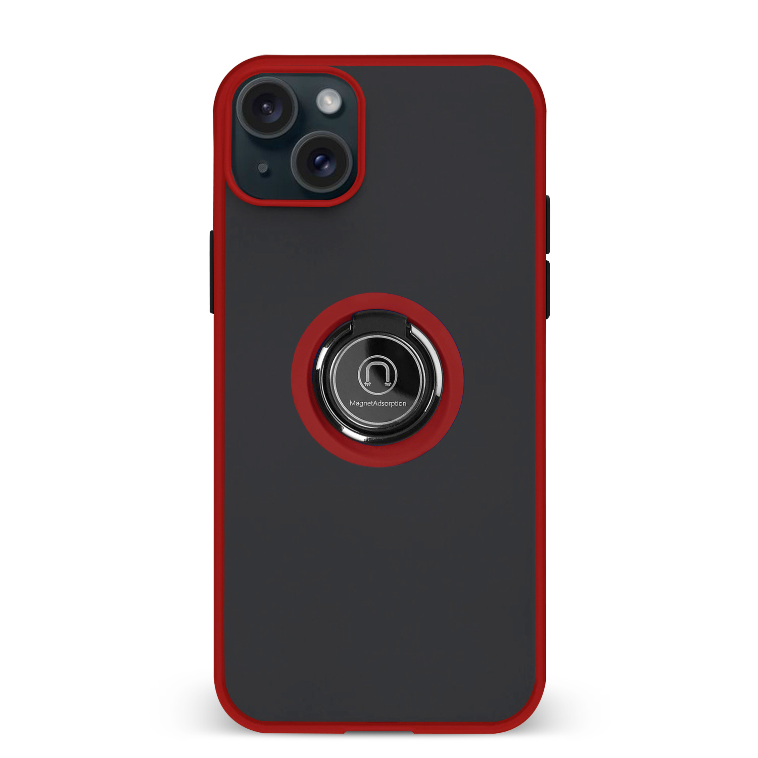 Una custodia per telefono con bordo rosso, con retro grigio e un supporto ad anello, che copre il telefono.