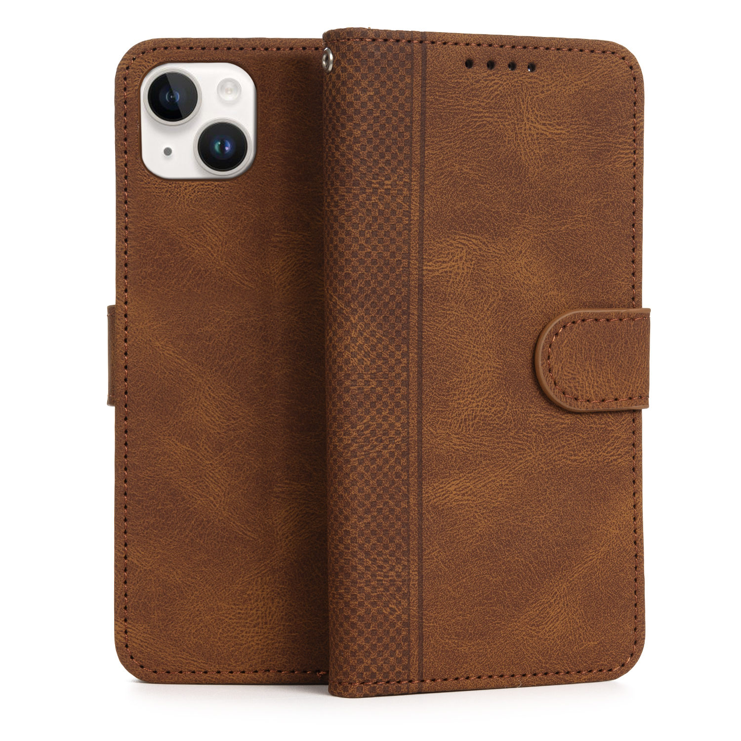 Una custodia per telefono in pelle marrone, aperta. Design a portafoglio con foro per fotocamera.