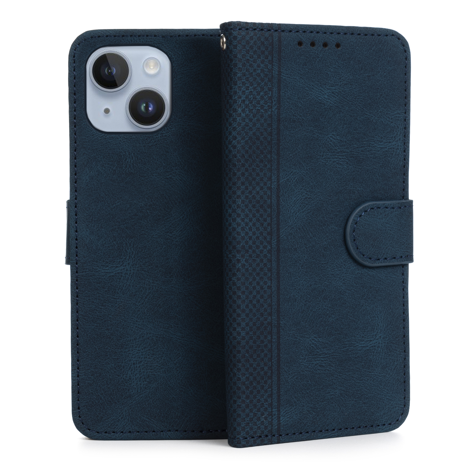 Una custodia per telefono in pelle blu è aperta. Rivela un telefono e ha una chiusura magnetica.