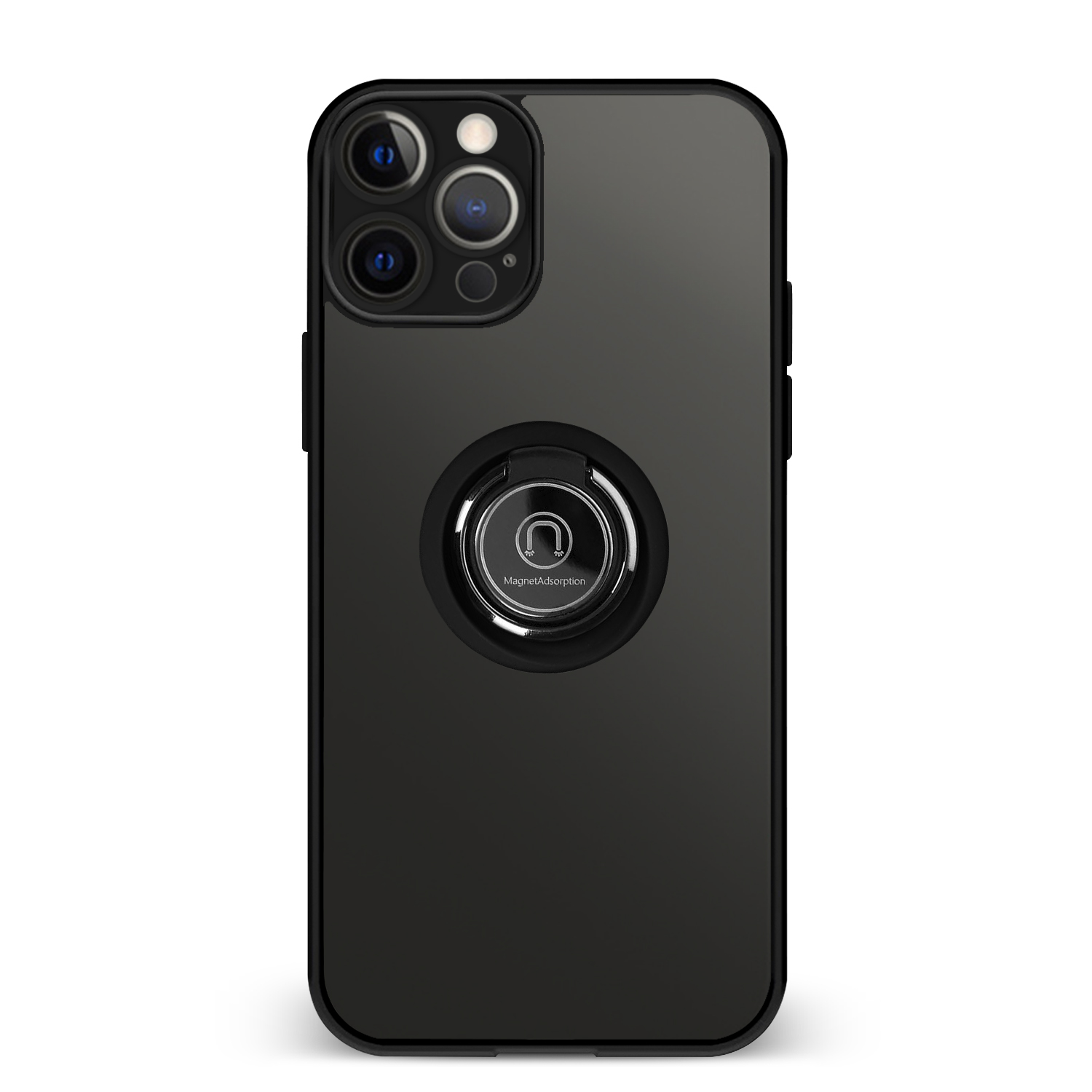 Custodia per telefono nera con anello. Il telefono ha una fotocamera in alto a sinistra.
