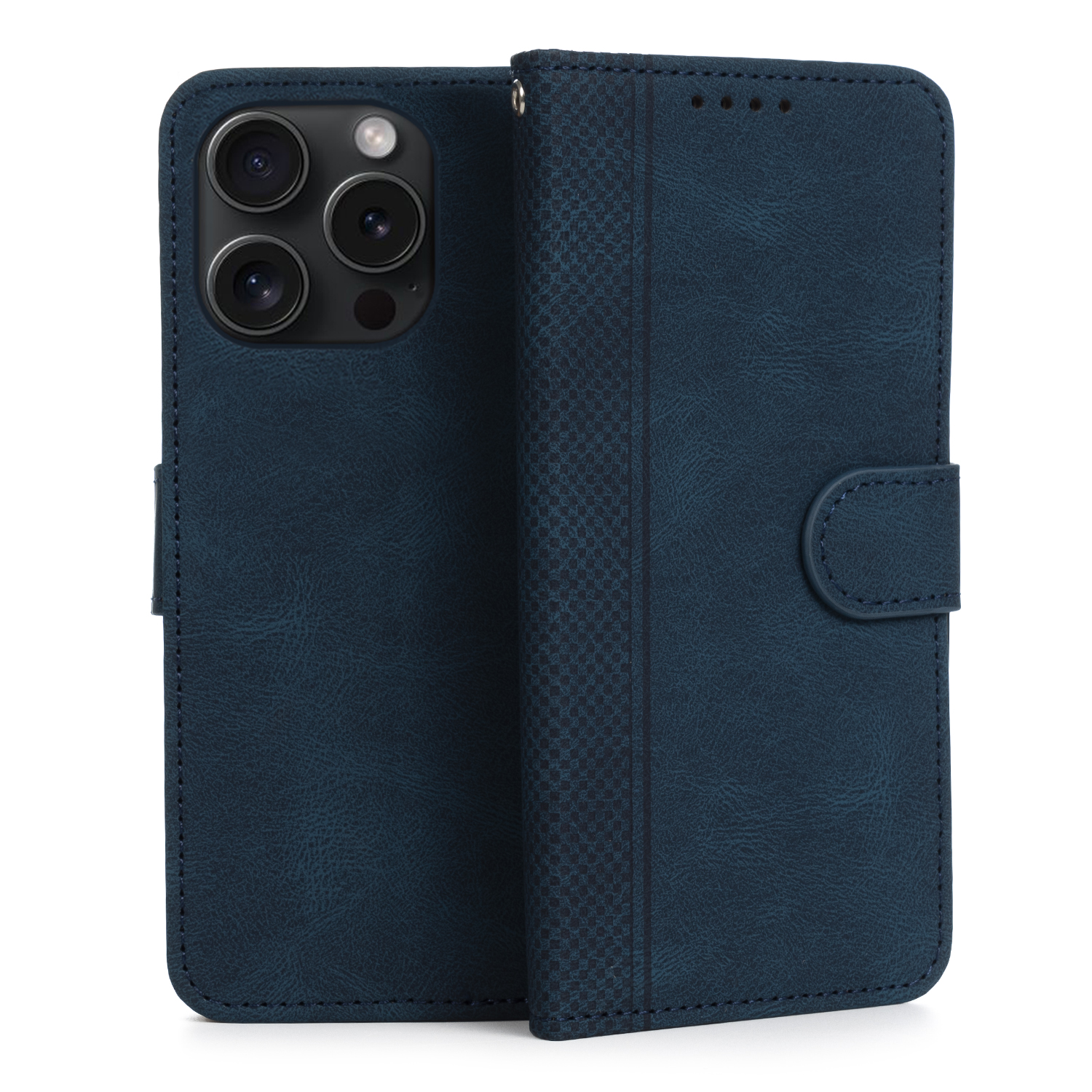 Custodia per telefono in pelle blu, aperta per rivelare la fotocamera e lo schermo del telefono. Con chiusura magnetica.