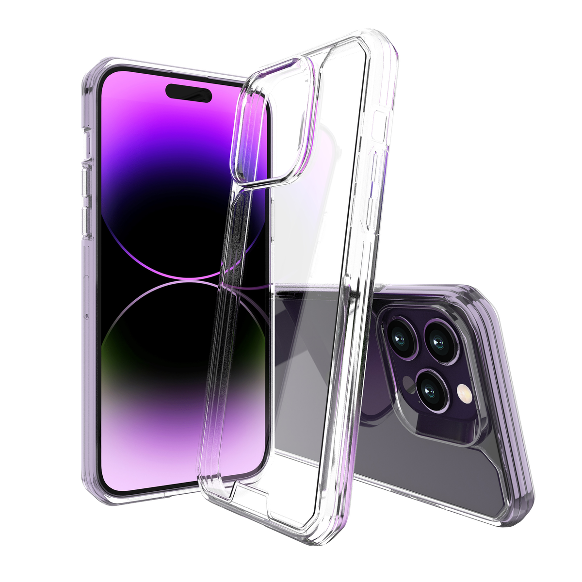 Dos teléfonos en fundas transparentes. Uno vertical, otro tumbado. Pantalla morada.