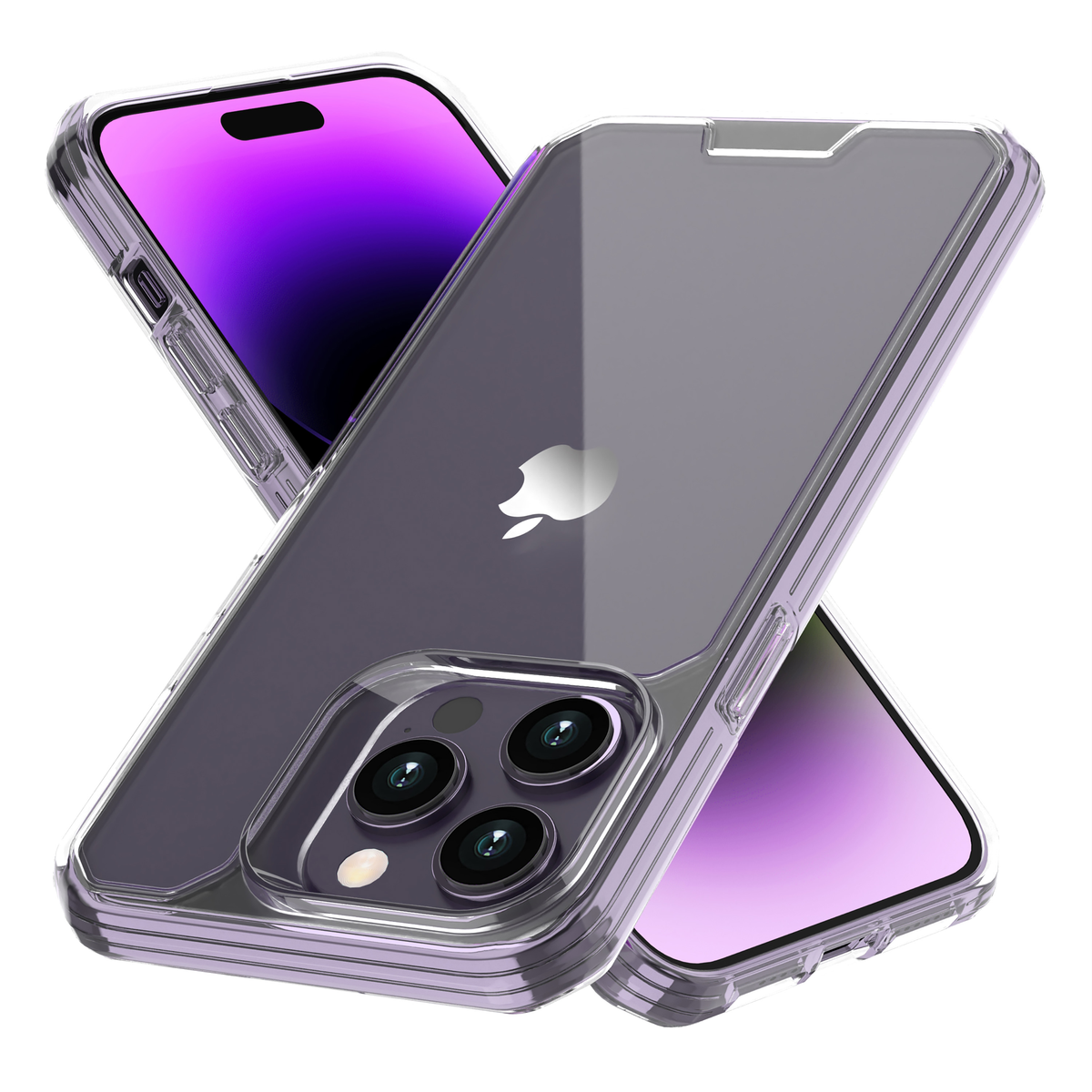 Funda transparente para teléfono con teléfono morado. La funda está sobre una superficie gris.