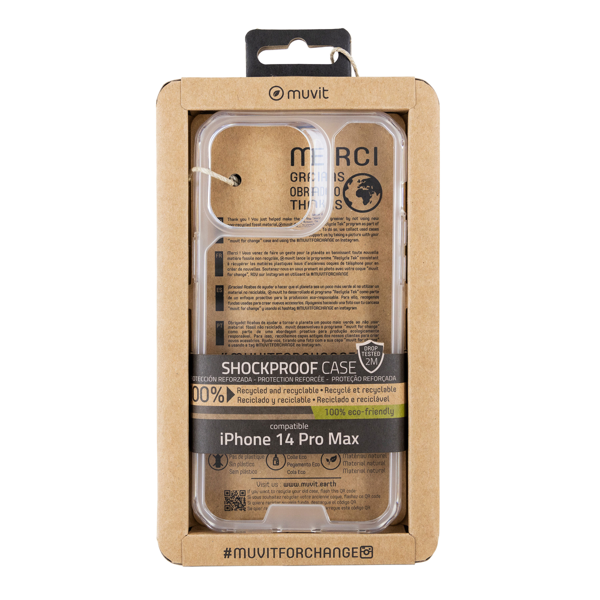 Embalaje de funda de teléfono con texto, una funda transparente dentro y un código QR.