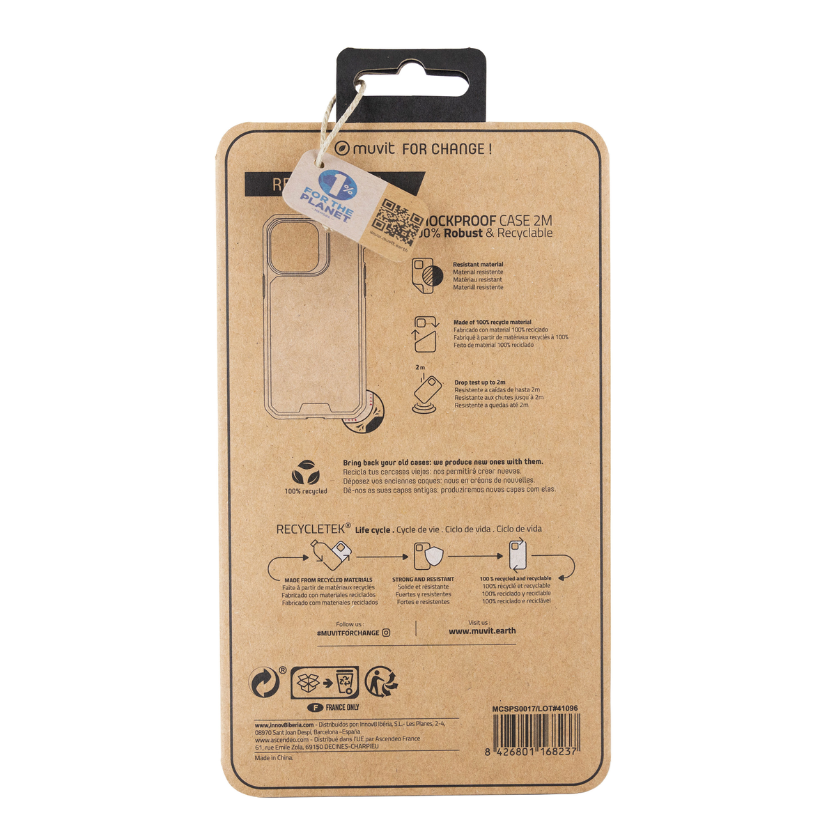 Embalaje de una funda de teléfono. Incluye funda, información de reciclaje y código QR.