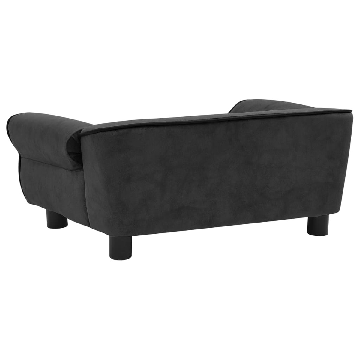 Ein dunkelgraues Sofa mit schwarzen Beinen, von hinten gesehen, auf weißem Hintergrund.