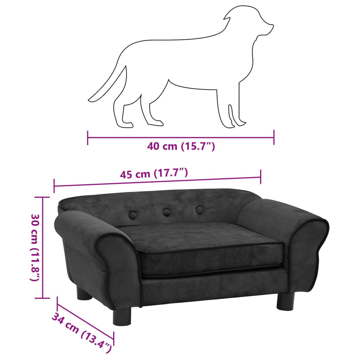 Kleines schwarzes Haustiersofa mit Hundeumriss und Größenangaben im Bild.