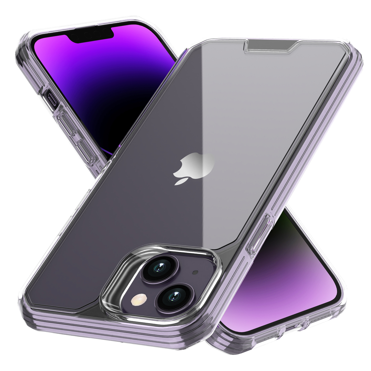Dos teléfonos con fundas. Uno es transparente, el otro está en el fondo.